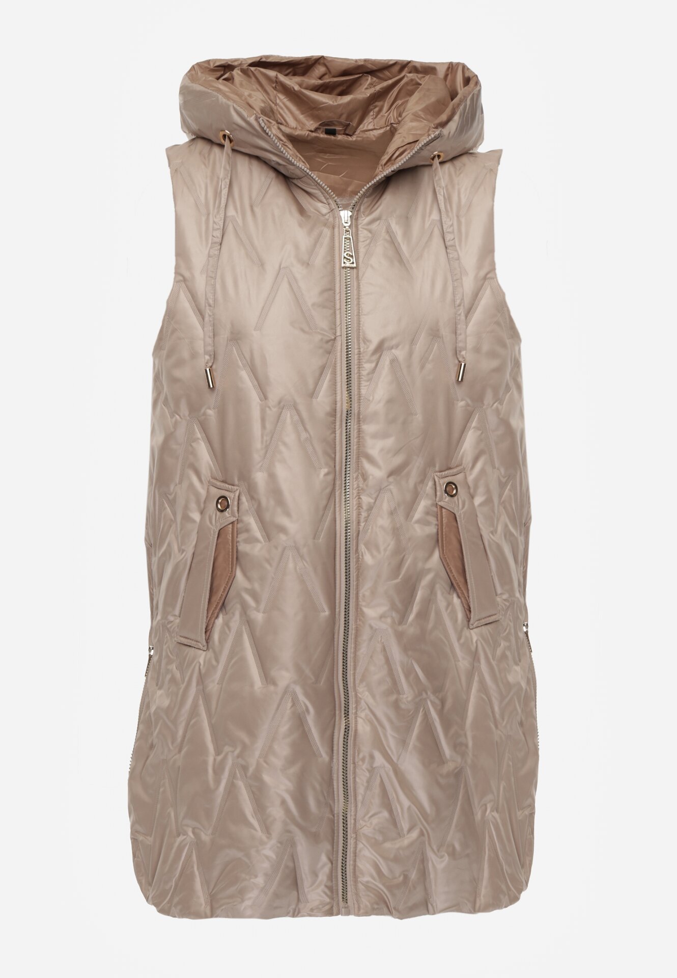 Brązowa Pikowana Kamizelka o Długim Kroju z Nieodpinanym Kapturem w Romby Dephice