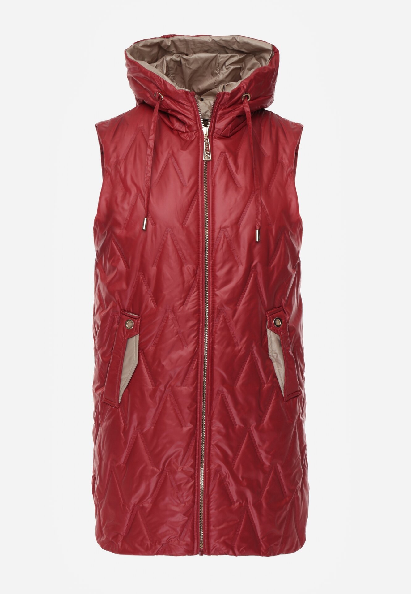 Czerwona Pikowana Kamizelka o Długim Kroju z Nieodpinanym Kapturem w Romby Dephice