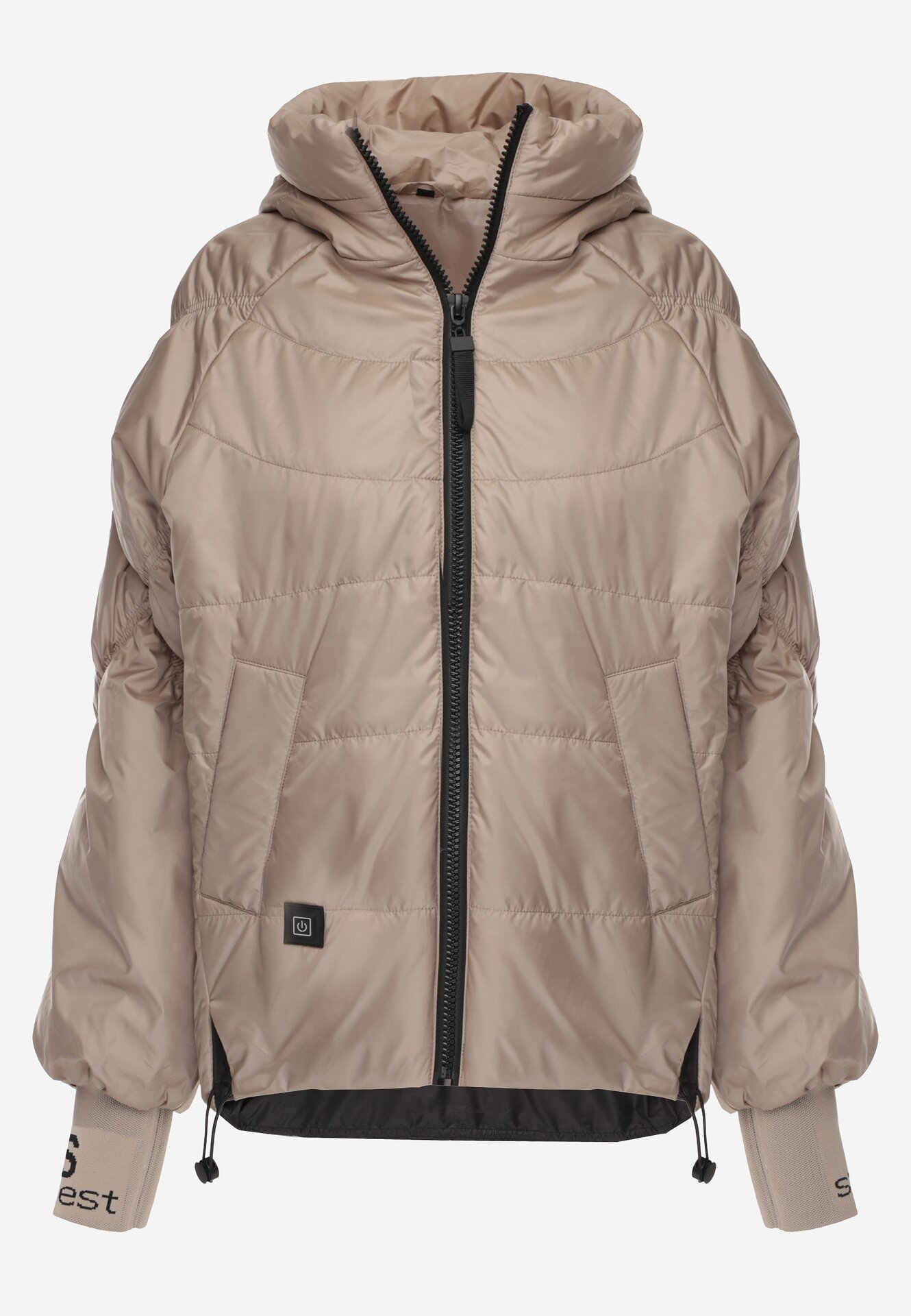 Ciemnobeżowa Przejściowa Kurtka Pikowana z Kapturem i Napisami na Rękawach Althone