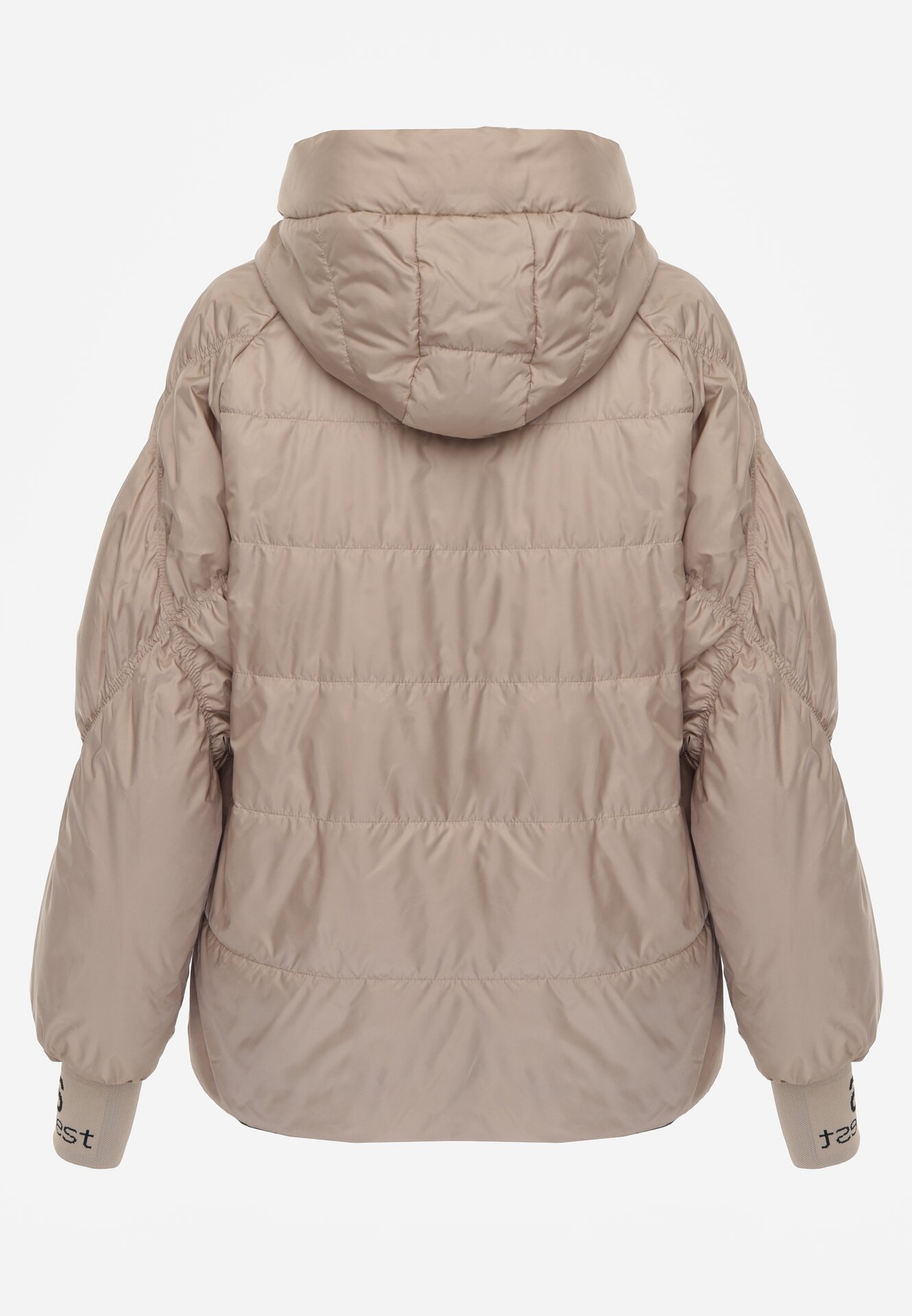 Ciemnobeżowa Przejściowa Kurtka Pikowana z Kapturem i Napisami na Rękawach Althone