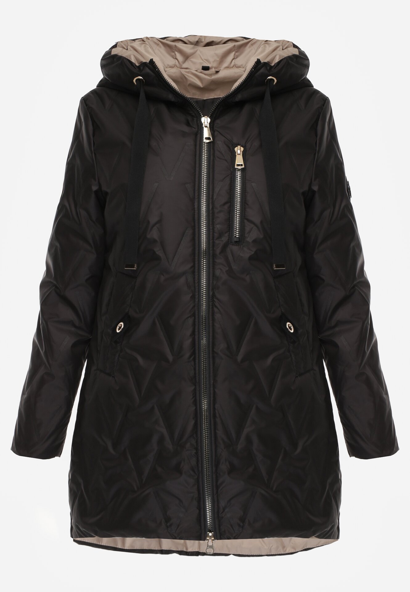 Czarna Pikowana Kurtka Przejściowa Parka z Kapturem o Długim Kroju z Ozdobą Isaline