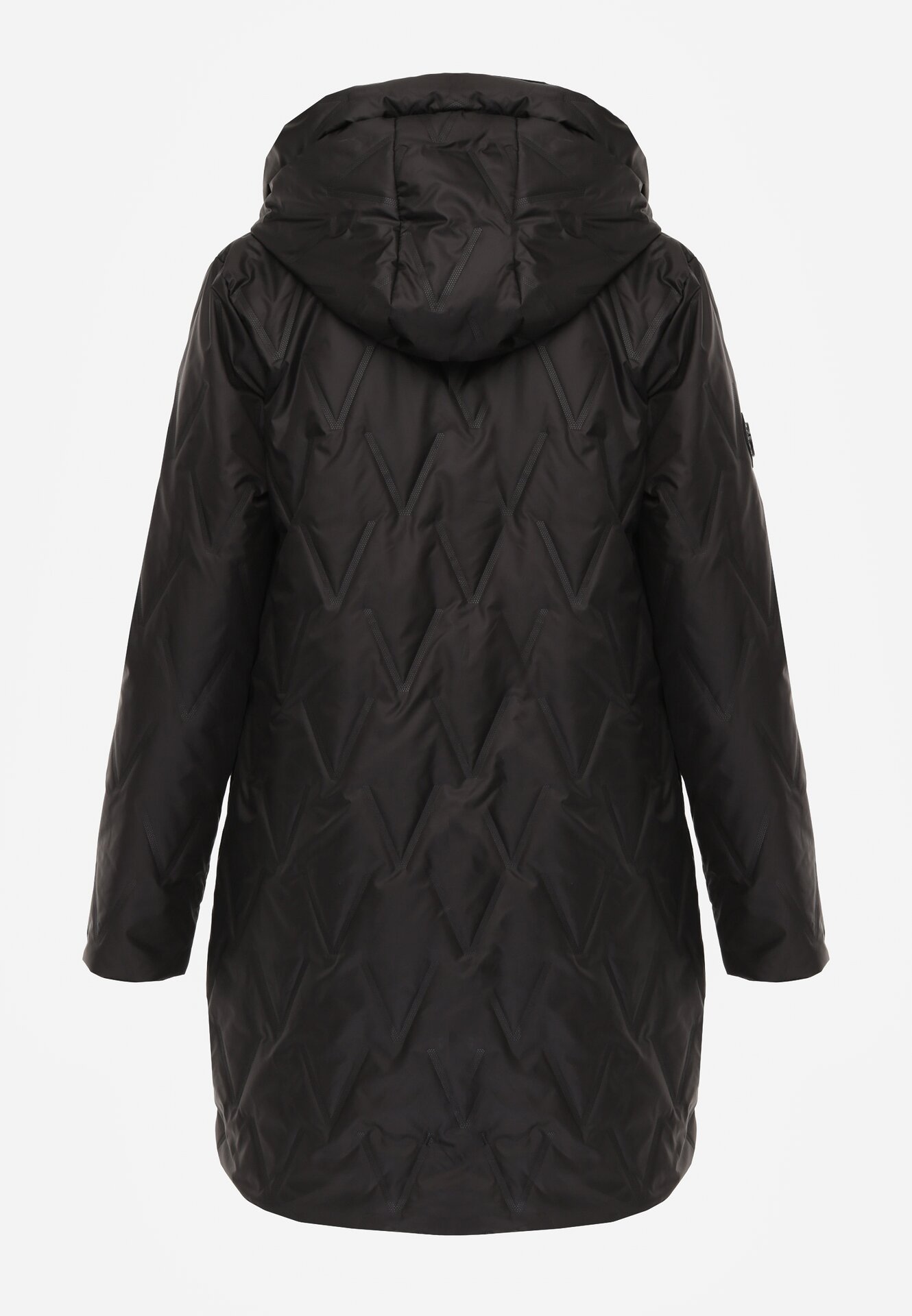 Czarna Pikowana Kurtka Przejściowa Parka z Kapturem o Długim Kroju z Ozdobą Isaline