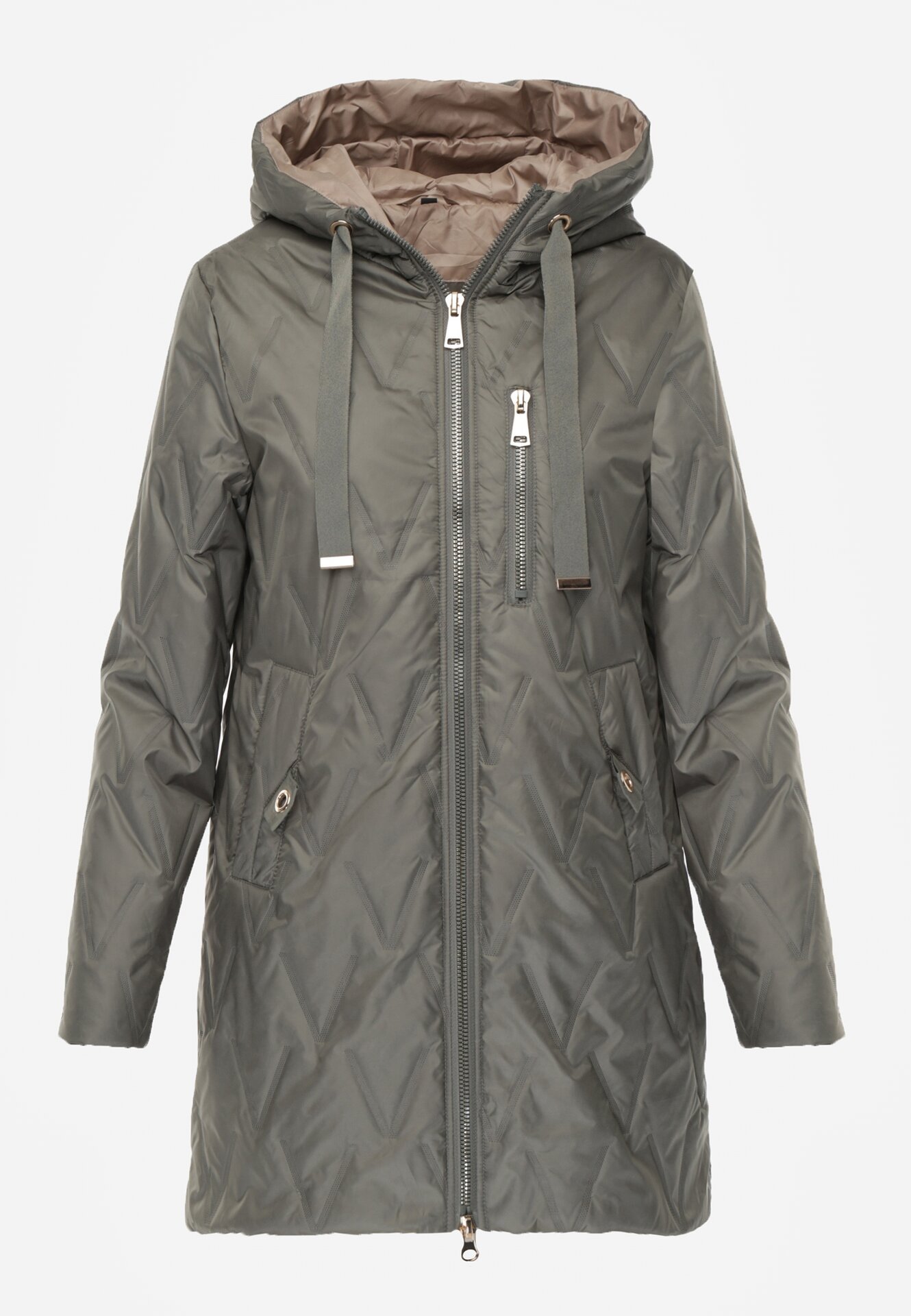 Zielona Pikowana Kurtka Przejściowa Parka z Kapturem o Długim Kroju z Ozdobą Isaline