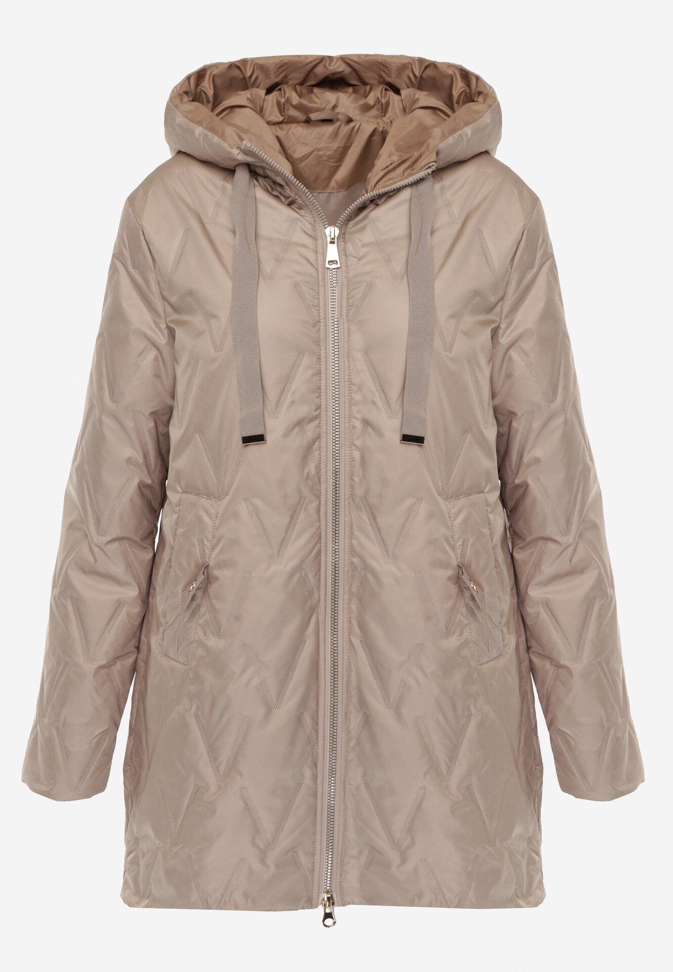 Brązowa Pikowana Kurtka Przejściowa Parka z Kapturem o Długim Kroju z Ozdobą Isaline