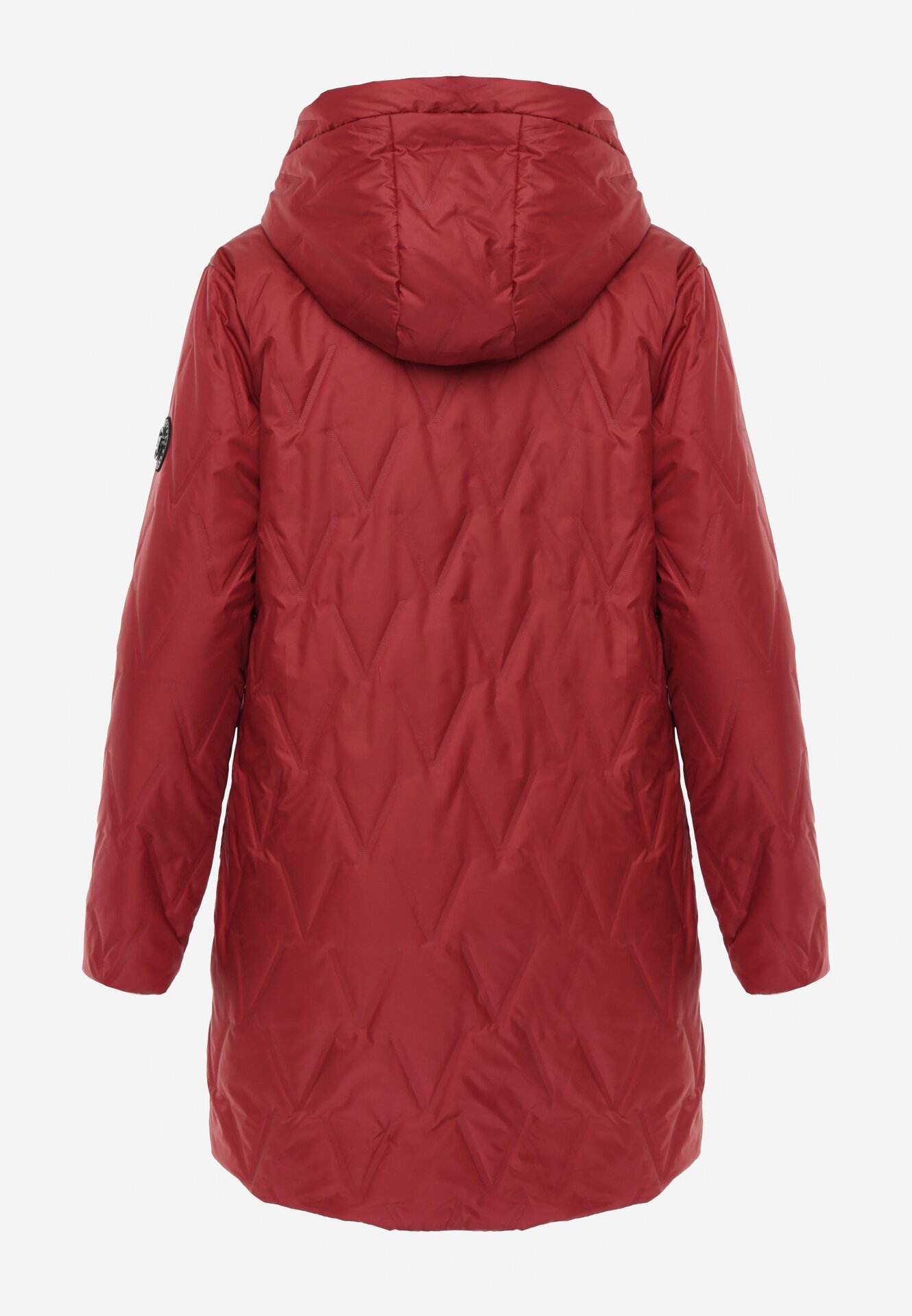 Czerwona Pikowana Kurtka Przejściowa Parka z Kapturem o Długim Kroju z Ozdobą Isaline