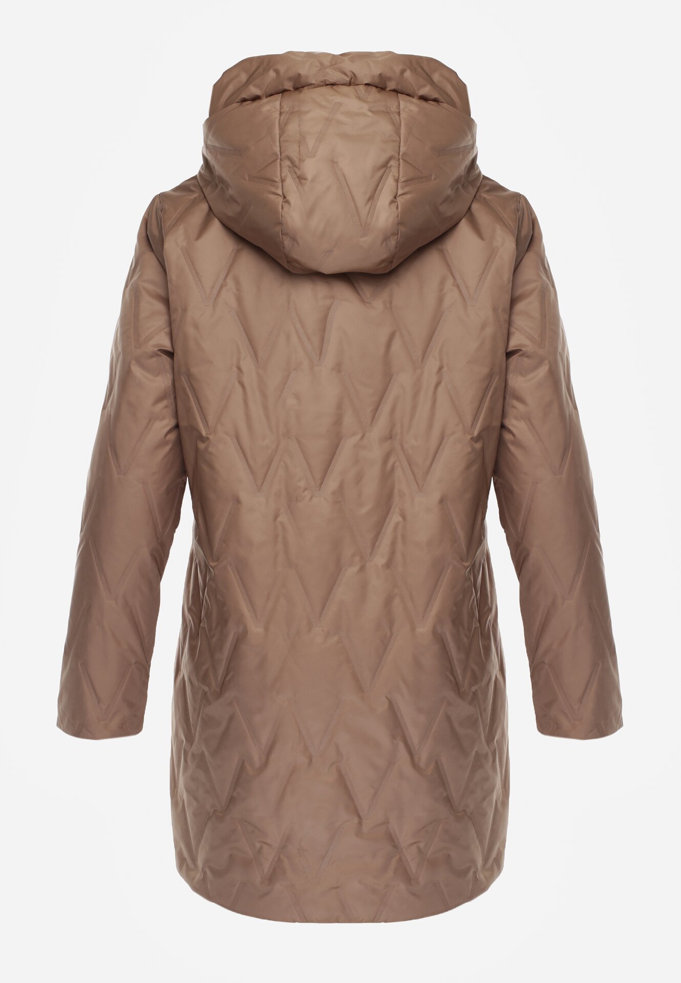 Jasnobrązowa Pikowana Kurtka Przejściowa Parka z Kapturem o Długim Kroju z Ozdobą Isaline