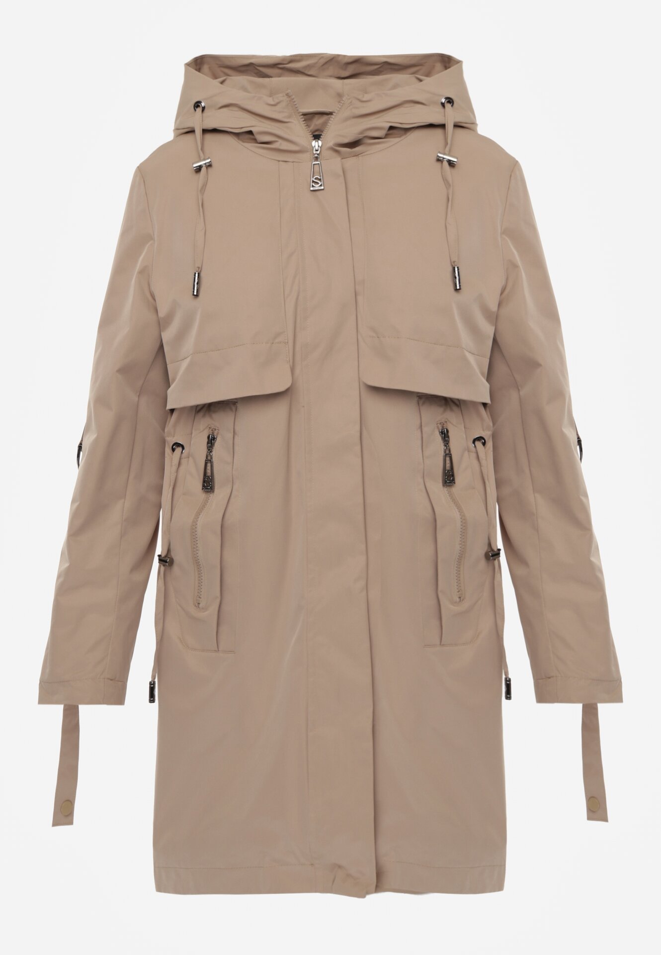 Brązowa Przejściowa Kurtka Parka z Kapturem i Podwijanymi Rękawami Tinarose