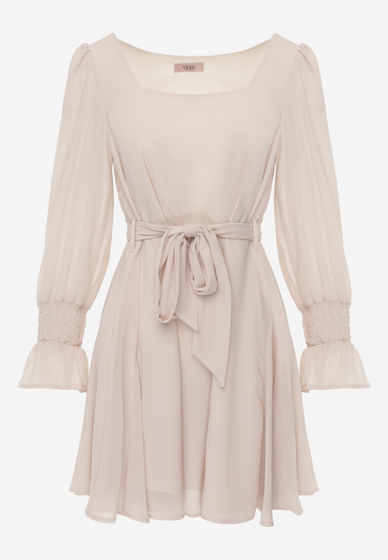 Beżowa Sukienka Vices z Siateczkowymi Rękawami i Wiązanym Paskiem Resnala