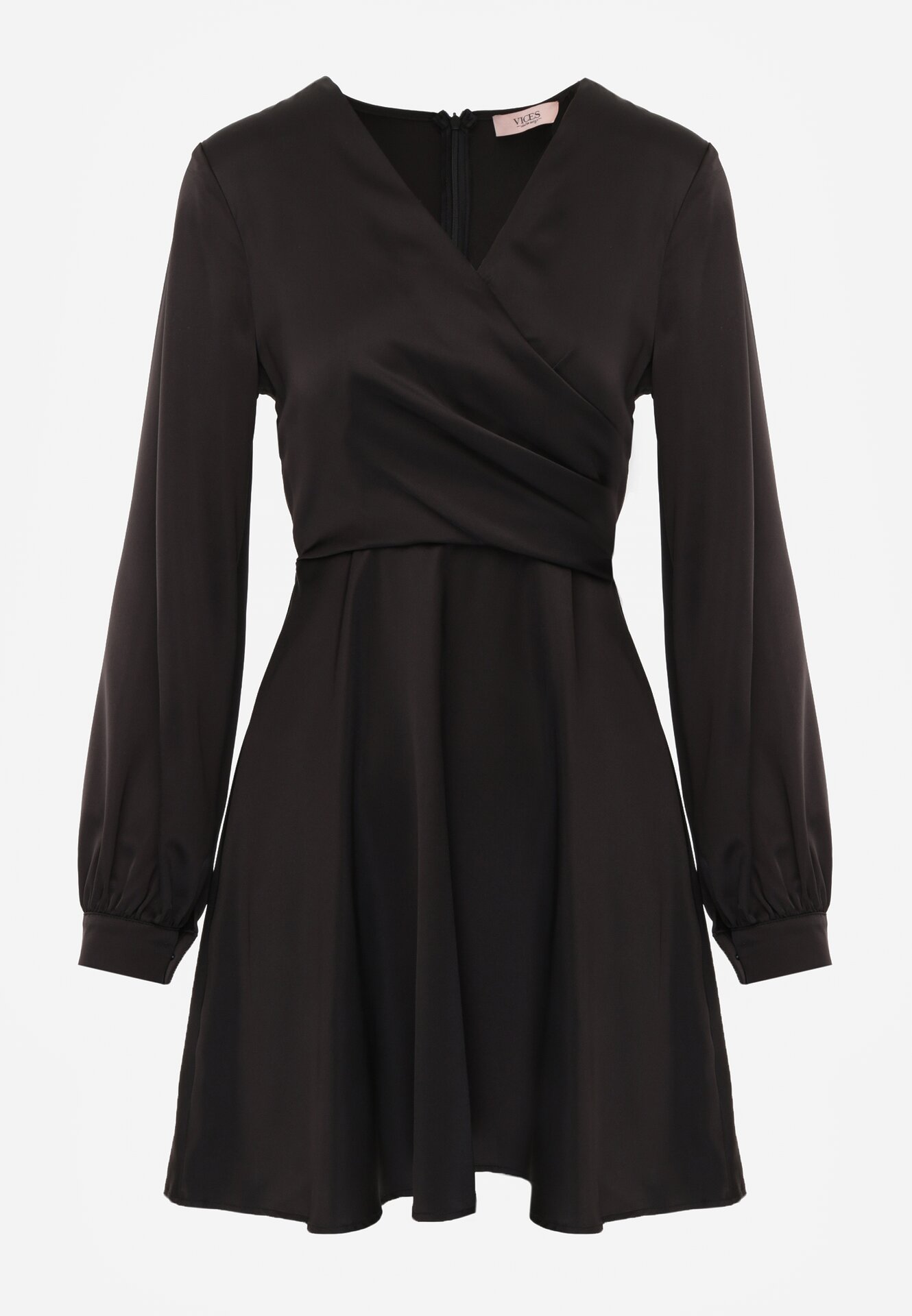 Czarna Satynowa Sukienka VICES z Bawełny o Kopertowym Kroju Glanita