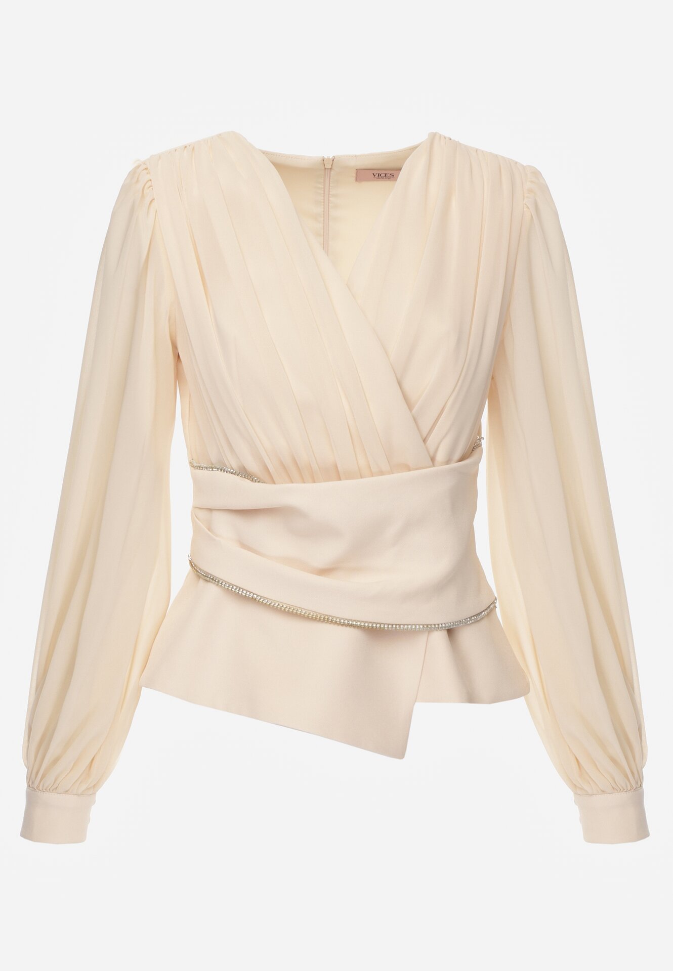 Beżowa Bluzka Kopertowa VICES z Dekoltem V Bufiastymi Rękawkami i Zaakcentowanymi Ramionami Tine