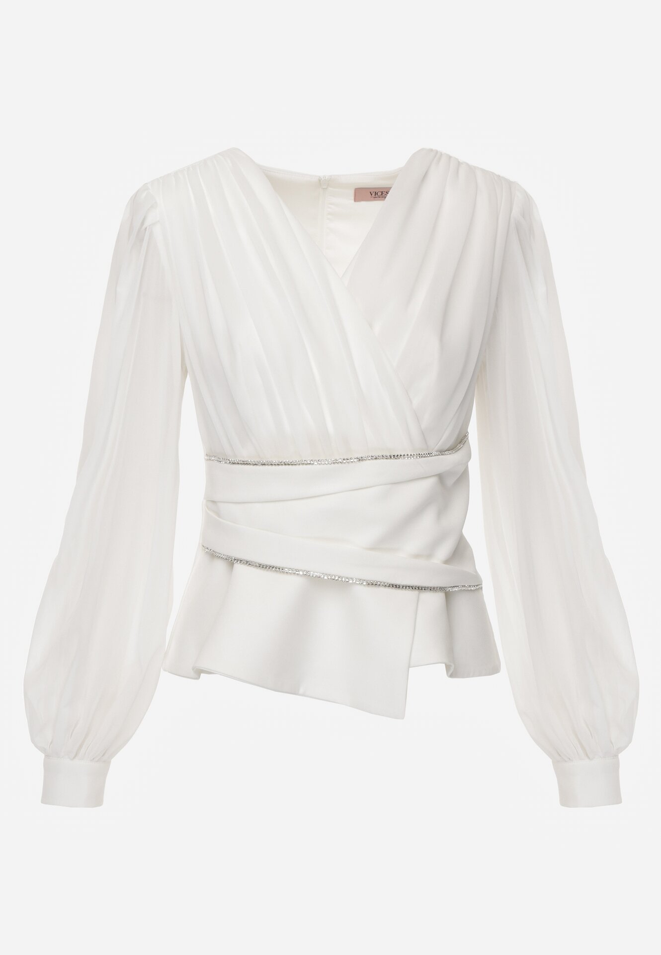 Biała Bluzka Kopertowa VICES z Dekoltem V Bufiastymi Rękawkami i Zaakcentowanymi Ramionami Tine