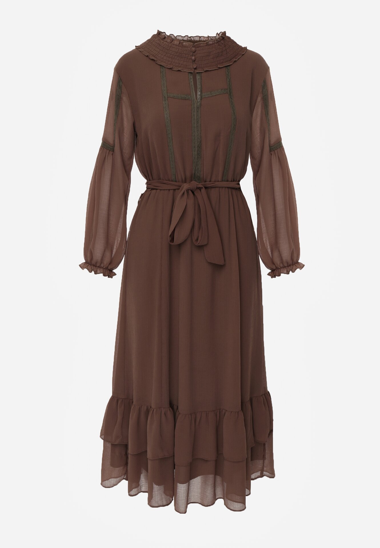 Brązowa Rozkloszowana Sukienka Ozdobiona Falbanami Paskiem i Guzikami Nevissia