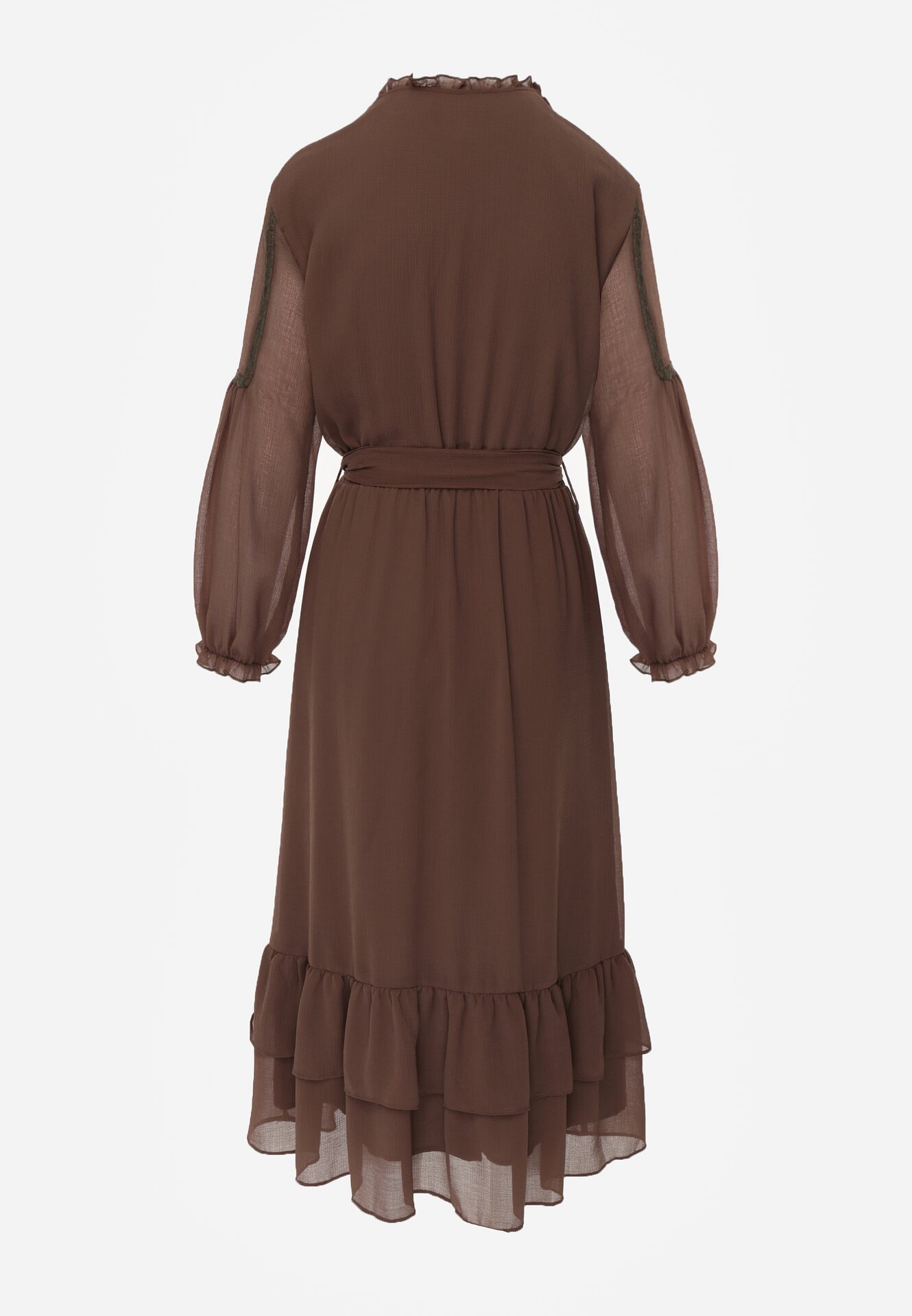 Brązowa Rozkloszowana Sukienka Ozdobiona Falbanami Paskiem i Guzikami Nevissia