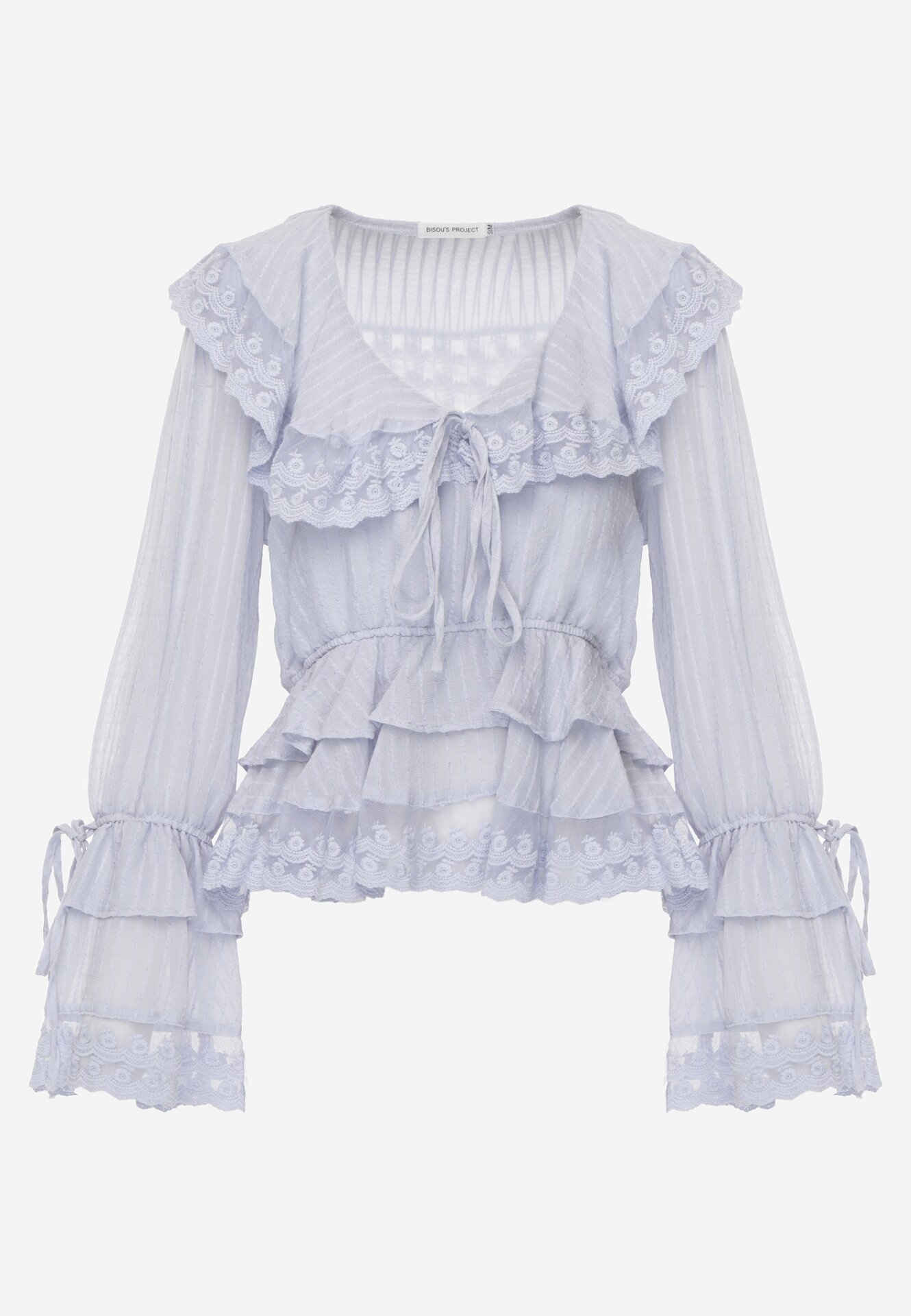 Niebieska Wiskozowa Bluzka w Rustykalnym Stylu z Koronką Falbanami i Wiązaniami Elleflona