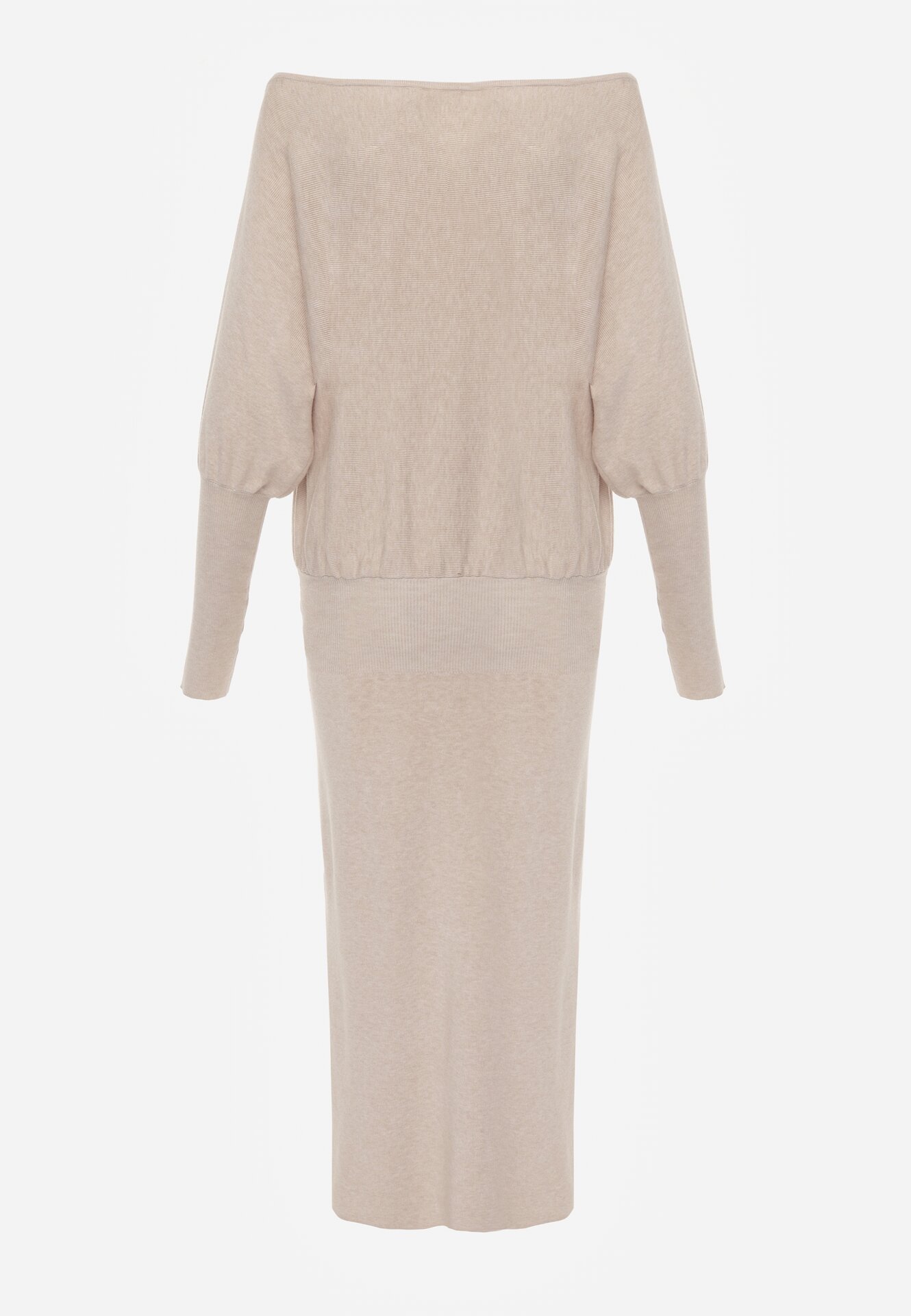 Beżowa Dzianinowa Sukienka z Wiskozą o Nietoperzowym Kroju z Dekoltem w Łódkę Tisan