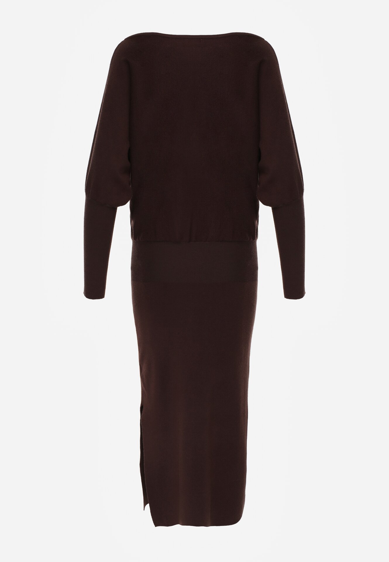 Brązowa Dzianinowa Sukienka z Wiskozą o Nietoperzowym Kroju z Dekoltem w Łódkę Tisan