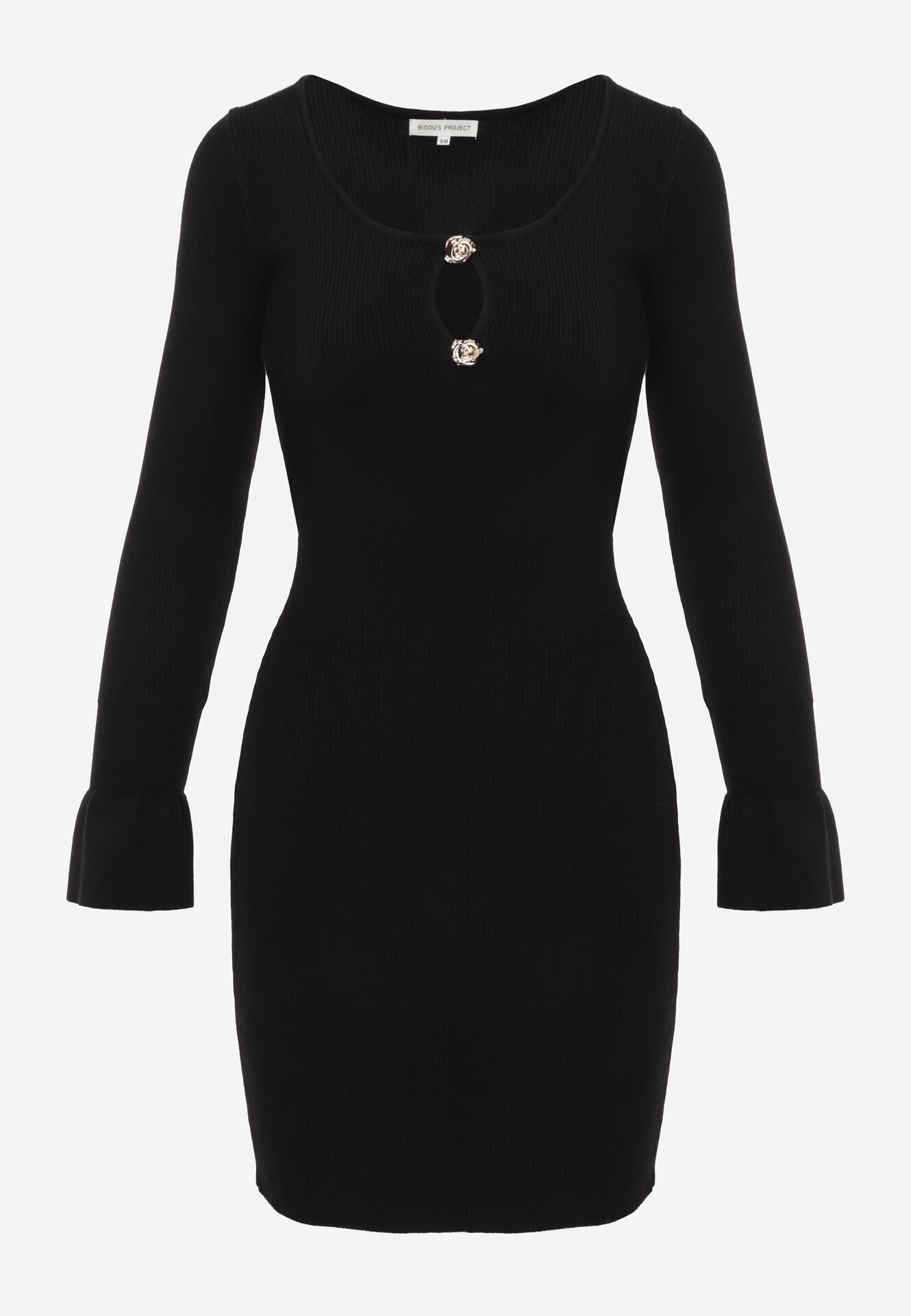 Czarna Sweterkowa Sukienka Dopasowana z Wiskozy z Falbankami i Guzikami Nevinndra