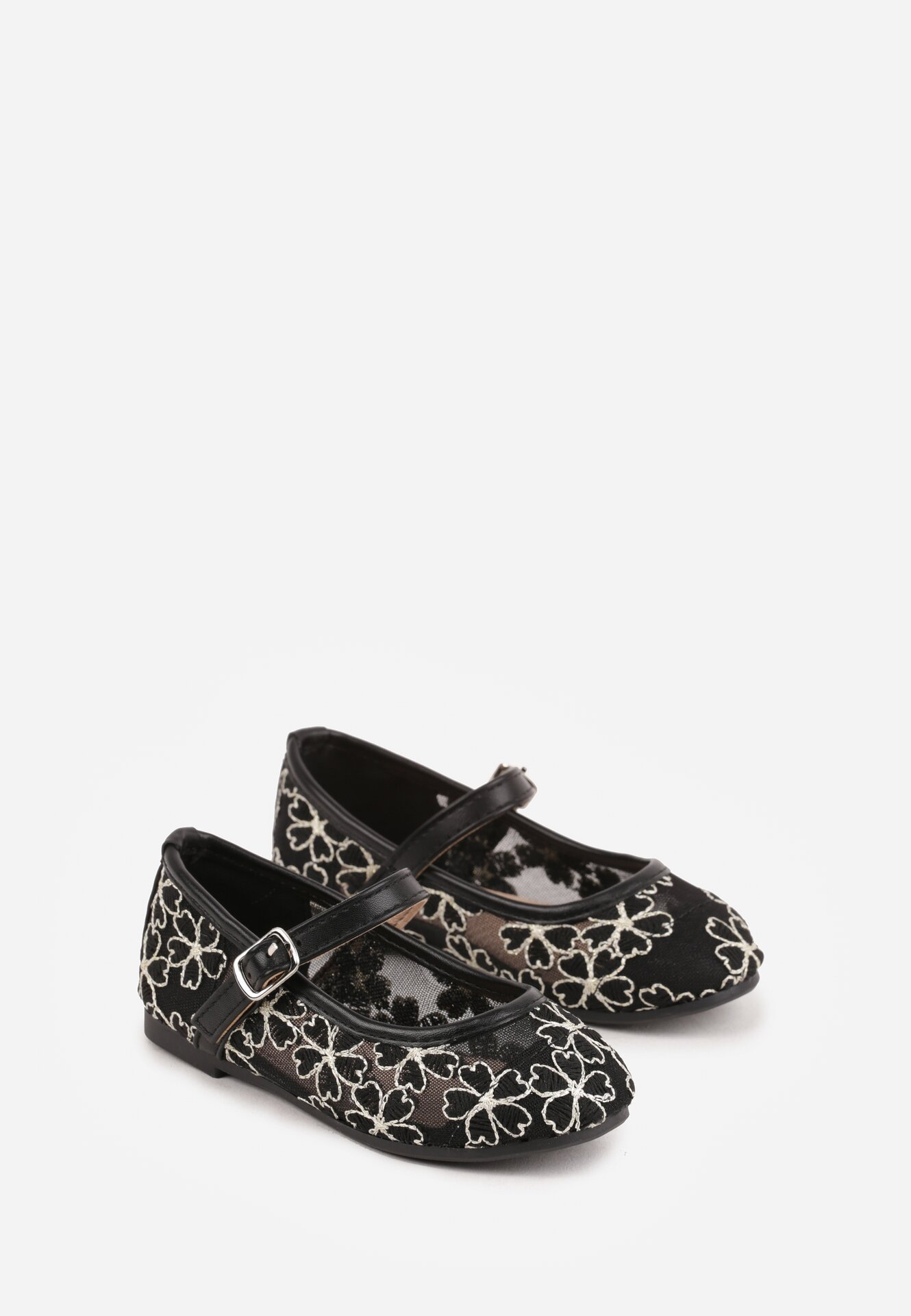 Czarne Siateczkowe Balerinki z Paskiem z Klamerką Zdobione Kwiatowym Haftem Canlea