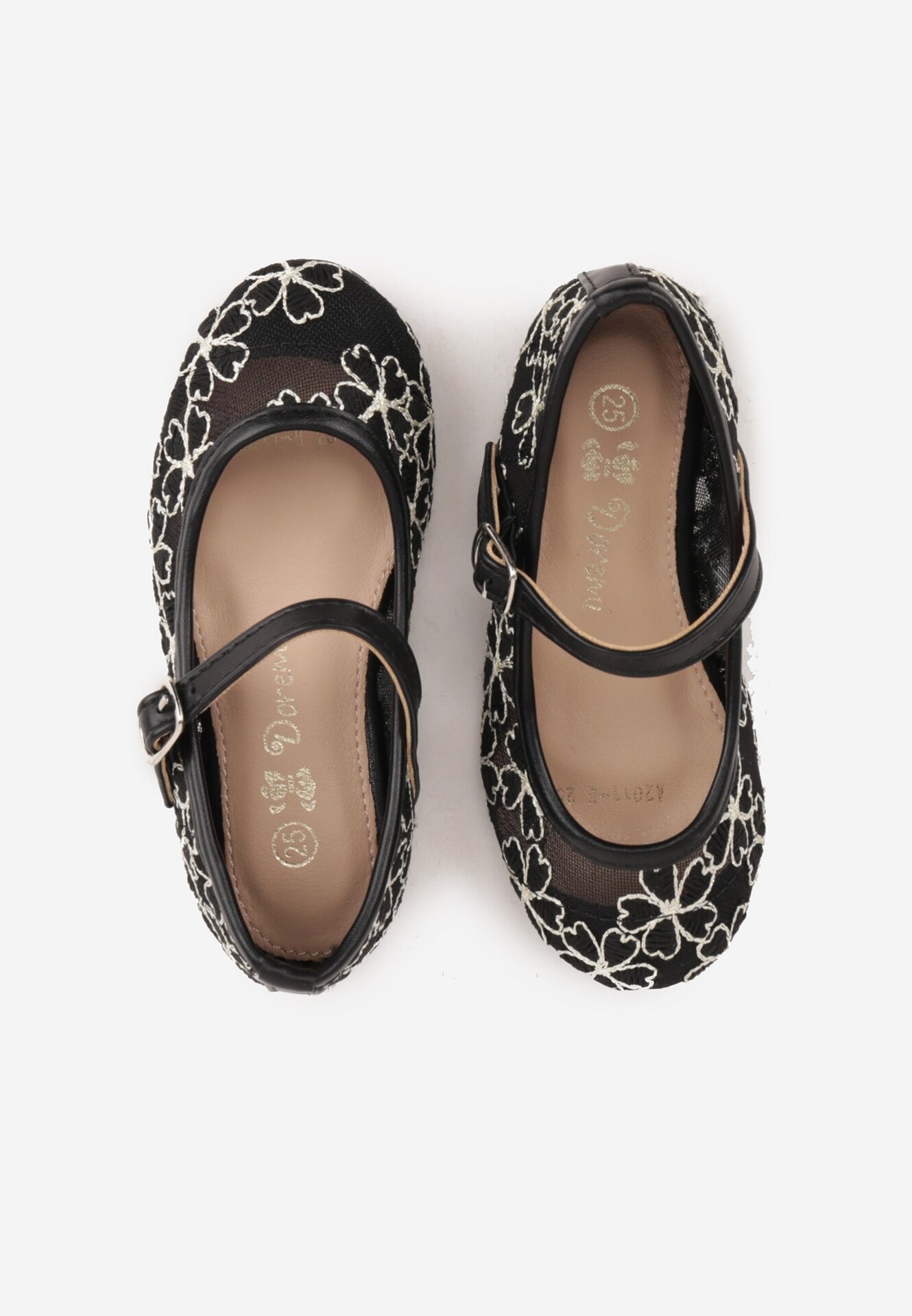 Czarne Siateczkowe Balerinki z Paskiem z Klamerką Zdobione Kwiatowym Haftem Canlea
