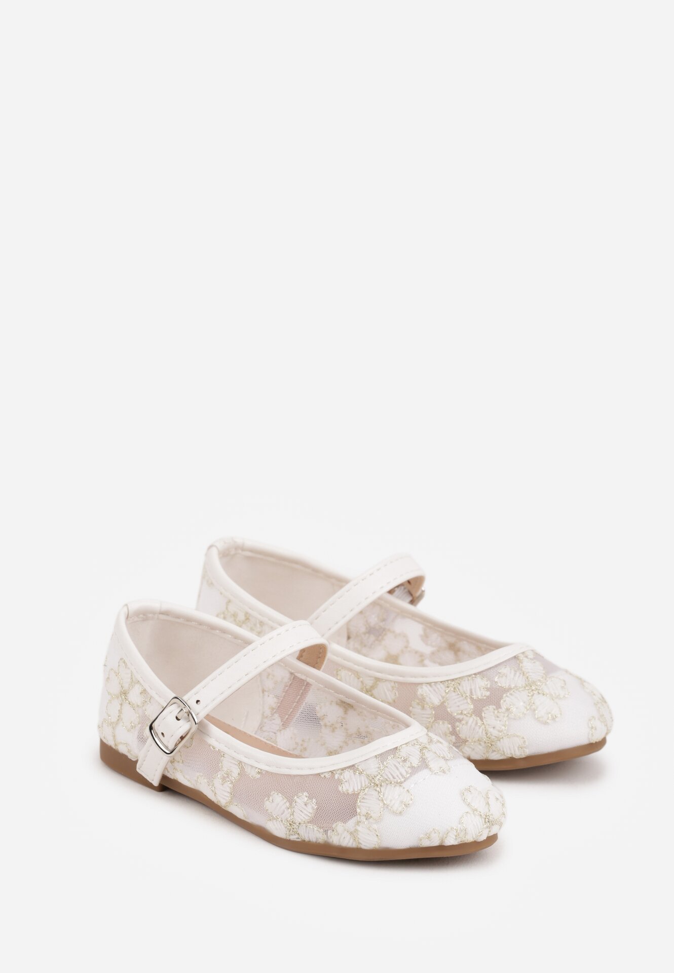 Białe Siateczkowe Balerinki z Paskiem z Klamerką Zdobione Kwiatowym Haftem Canlea