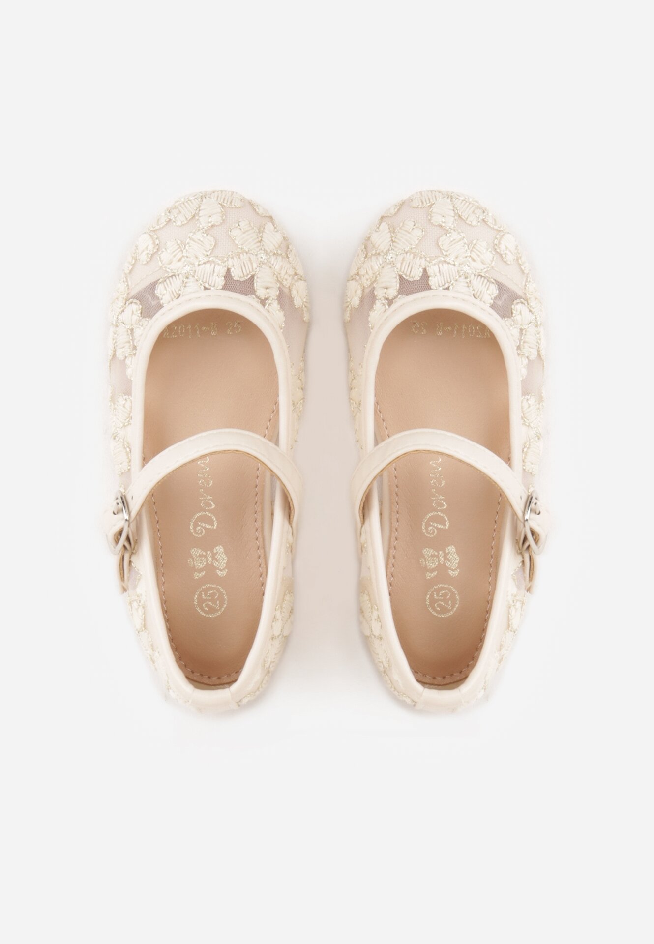 Beżowe Siateczkowe Balerinki z Paskiem z Klamerką Zdobione Kwiatowym Haftem Canlea