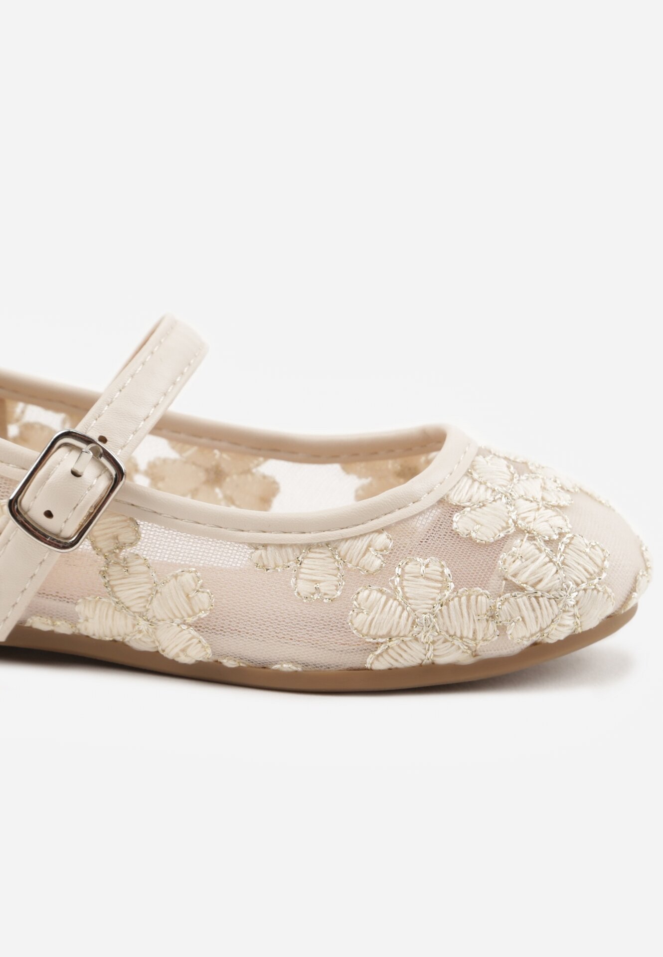 Beżowe Siateczkowe Balerinki z Paskiem z Klamerką Zdobione Kwiatowym Haftem Canlea