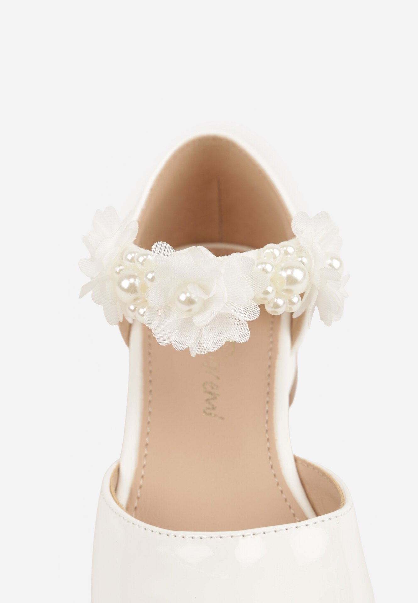 Białe Eleganckie Sandały Czółenka na Niskim Słupku z Kwiatową Aplikacją Hialea