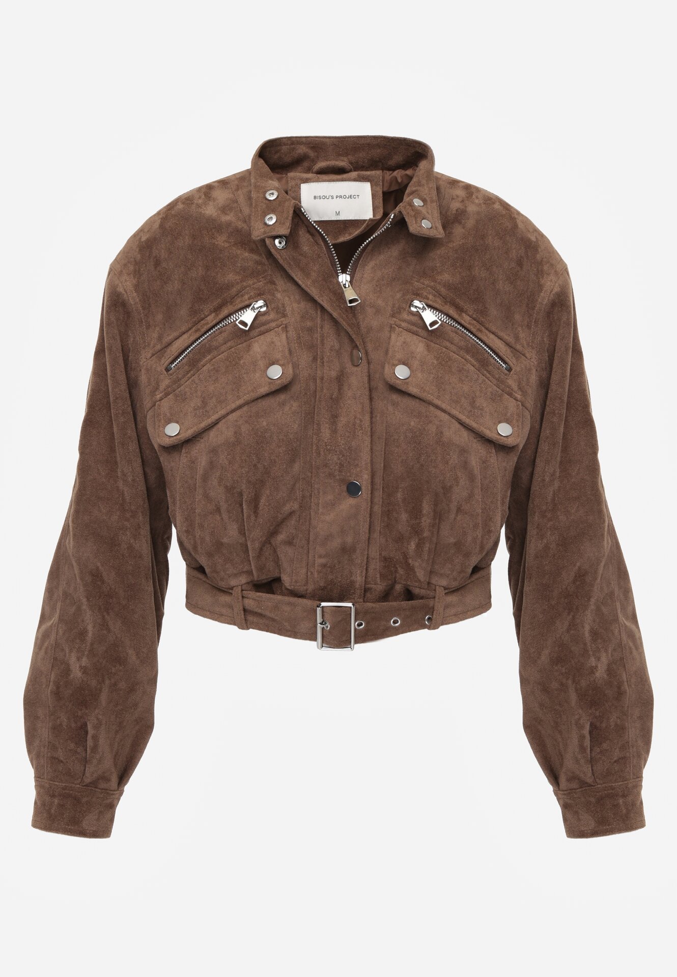 Brązowa Kurtka z Imitacji Zamszu w Stylu Utility z Suwakami i Paskiem Birasa