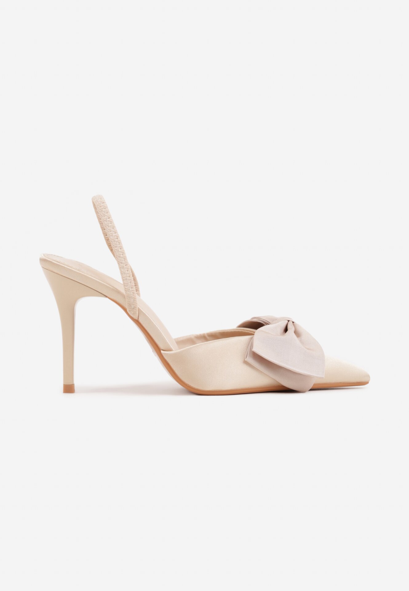 Beżowe Satynowe Szpilki z Odkrytą Piętą i Ozdobną Kokardą Argatea