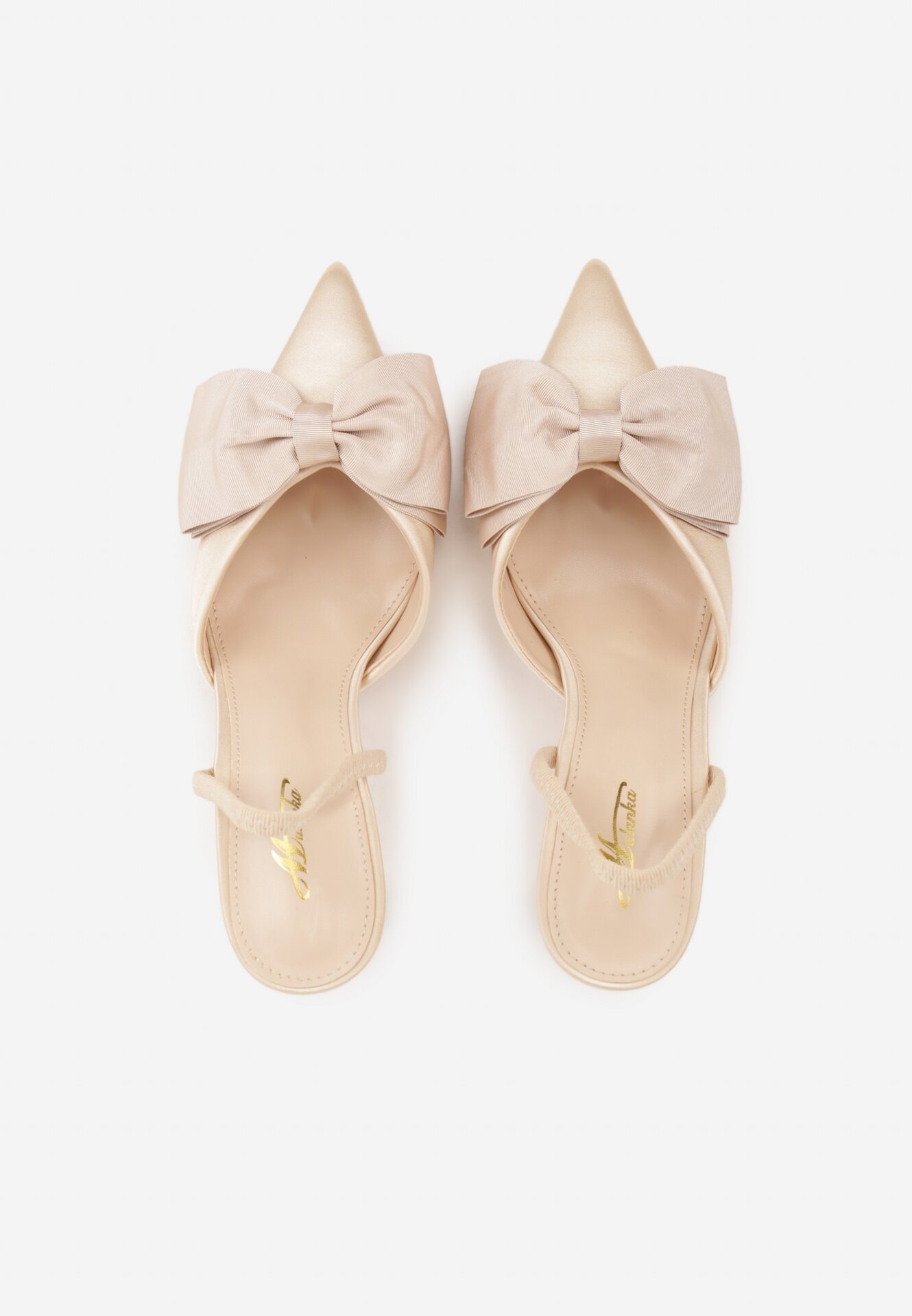 Beżowe Satynowe Szpilki z Odkrytą Piętą i Ozdobną Kokardą Argatea