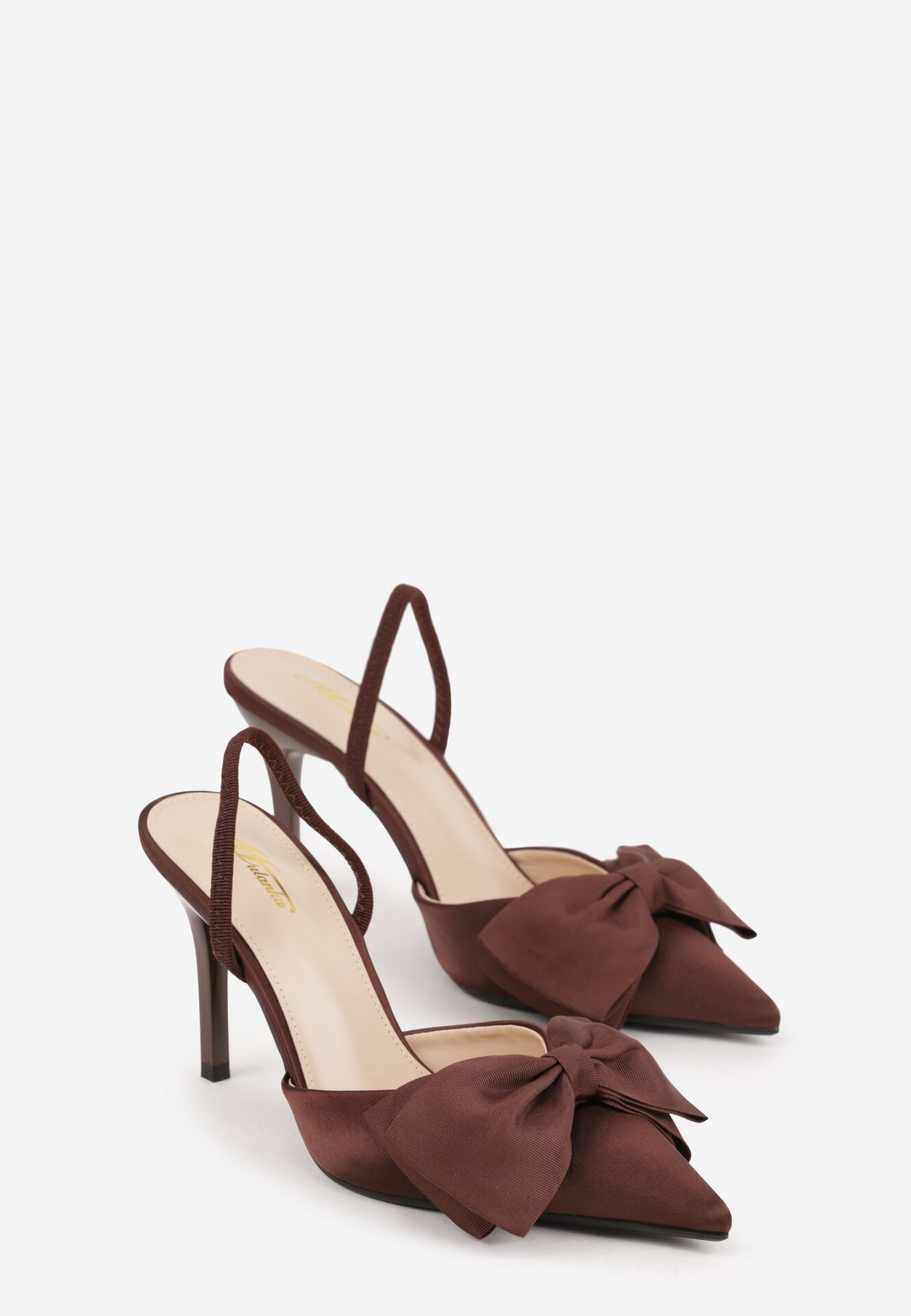 Brązowe Satynowe Szpilki z Odkrytą Piętą i Ozdobną Kokardą Argatea