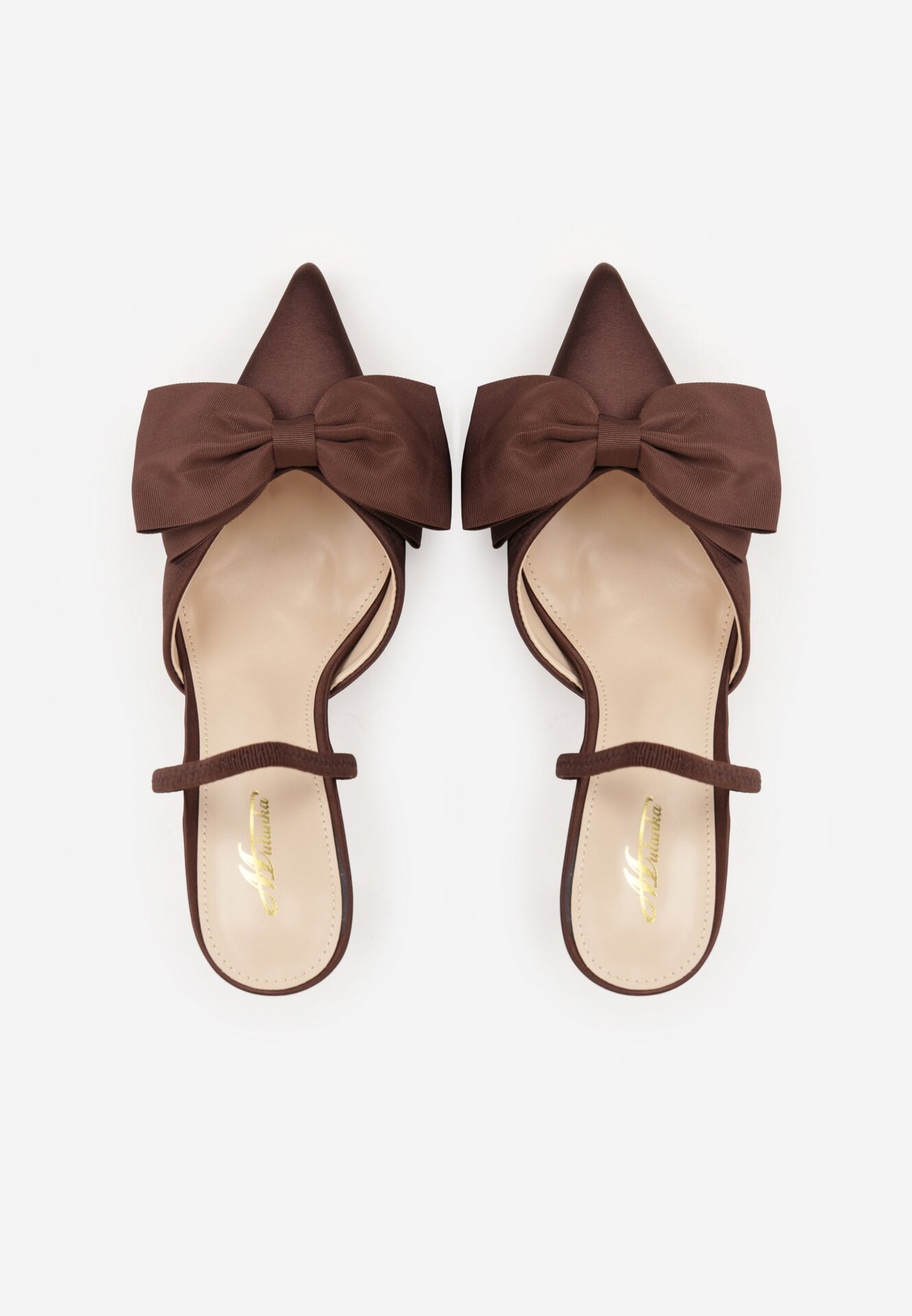 Brązowe Satynowe Szpilki z Odkrytą Piętą i Ozdobną Kokardą Argatea