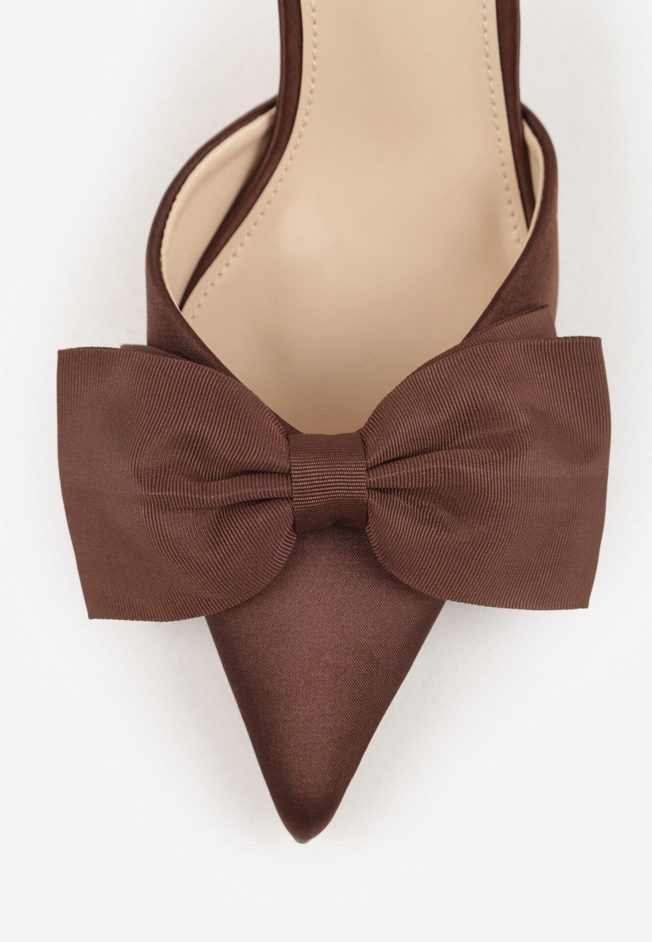 Brązowe Satynowe Szpilki z Odkrytą Piętą i Ozdobną Kokardą Argatea