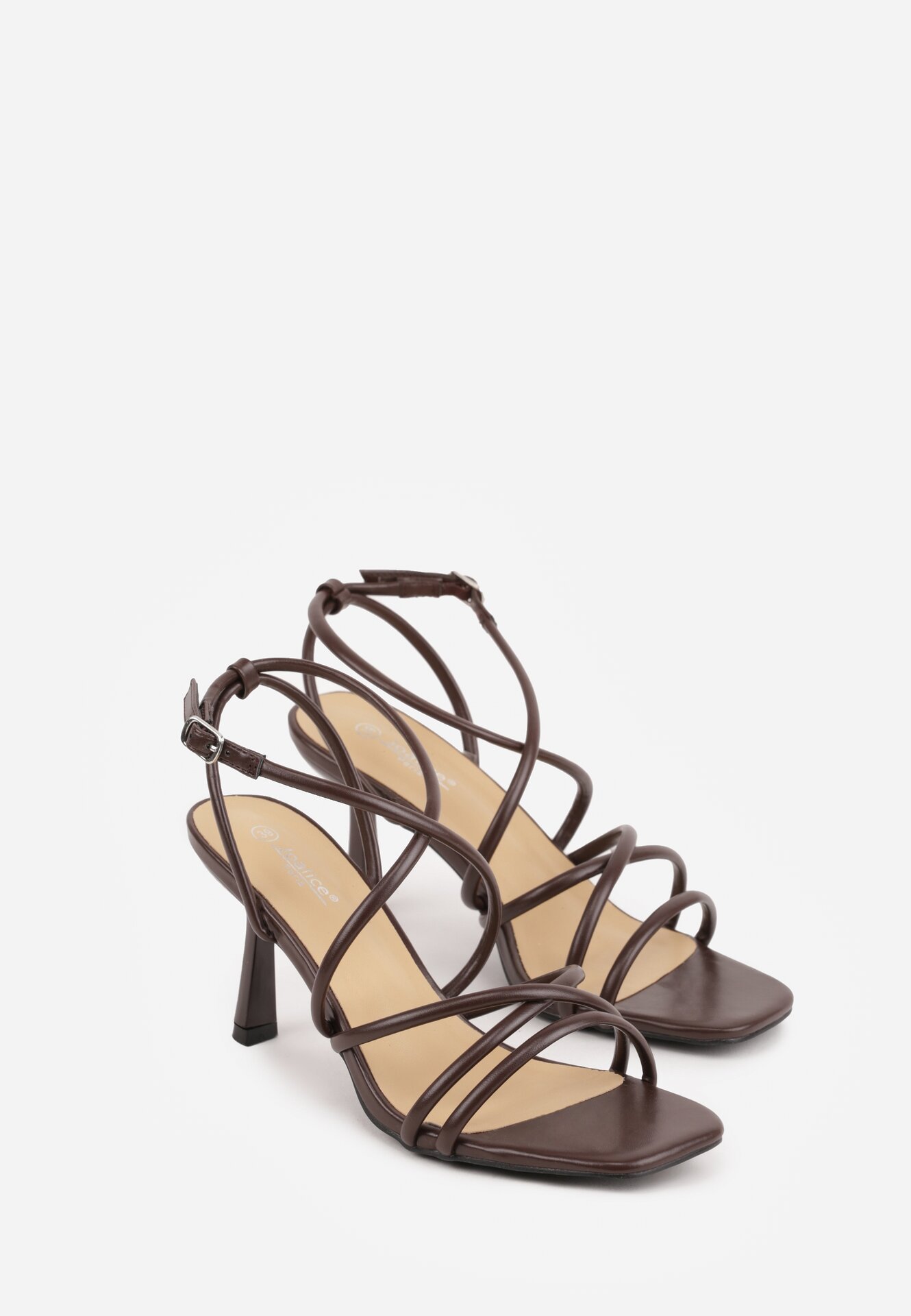Brązowe Sandały na Szpilce z Przeplatanymi Paskiami i Kwadratowym Noskiem Baloria