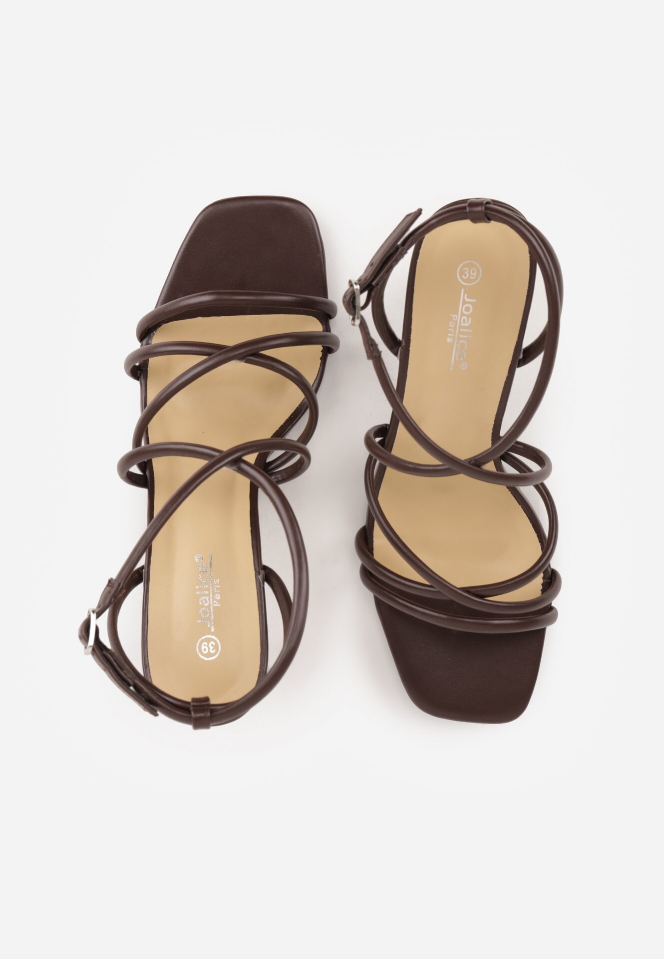 Brązowe Sandały na Szpilce z Przeplatanymi Paskiami i Kwadratowym Noskiem Baloria