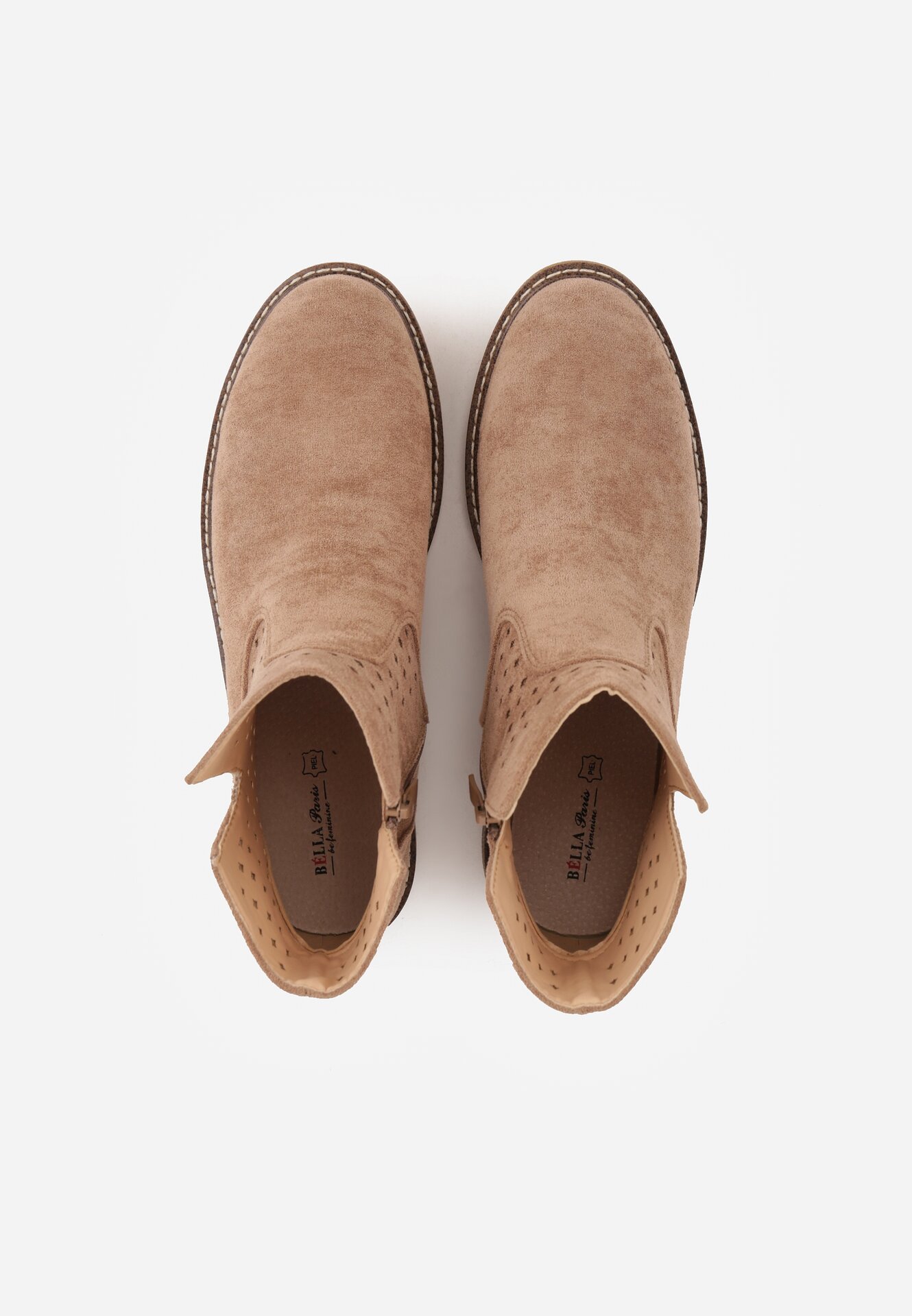 Ciemnobeżowe Płaskie Botki Sztyblety z Ażurowym Wzorem ze Skórzaną Wkładką Terisina