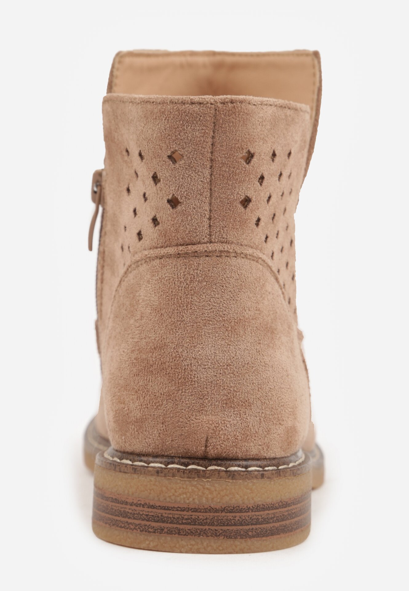 Ciemnobeżowe Płaskie Botki Sztyblety z Ażurowym Wzorem ze Skórzaną Wkładką Terisina