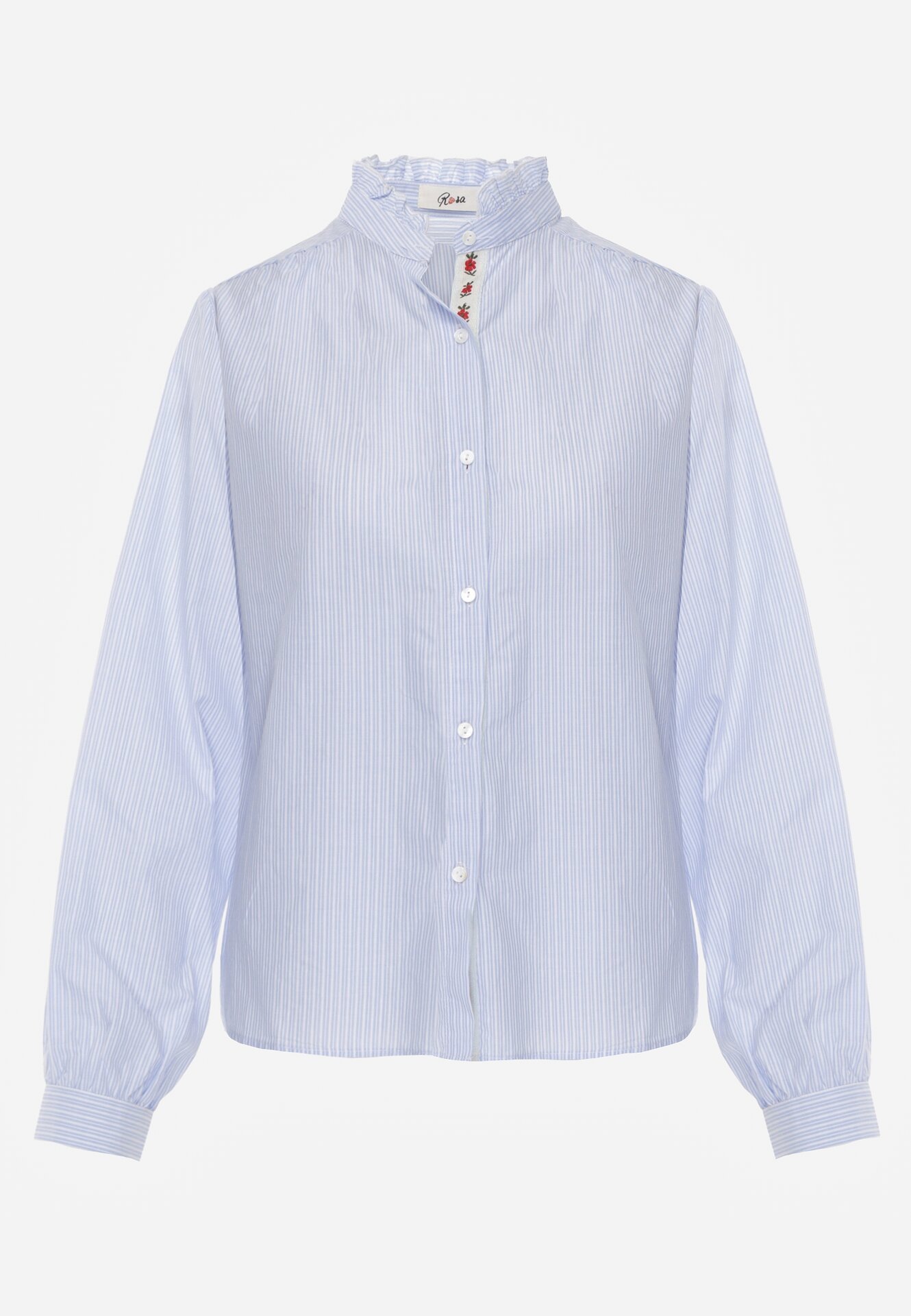 Niebieska Bawełniana Koszula ze Stójką z Falbanką i Haftem przy Guzikach Umaria