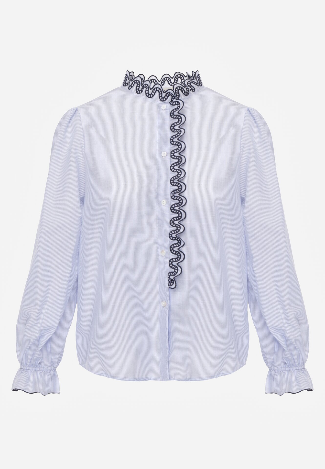 Niebieska Koszula z Bawełny Ozdobiona Haftowaną Falbanką Zenatia