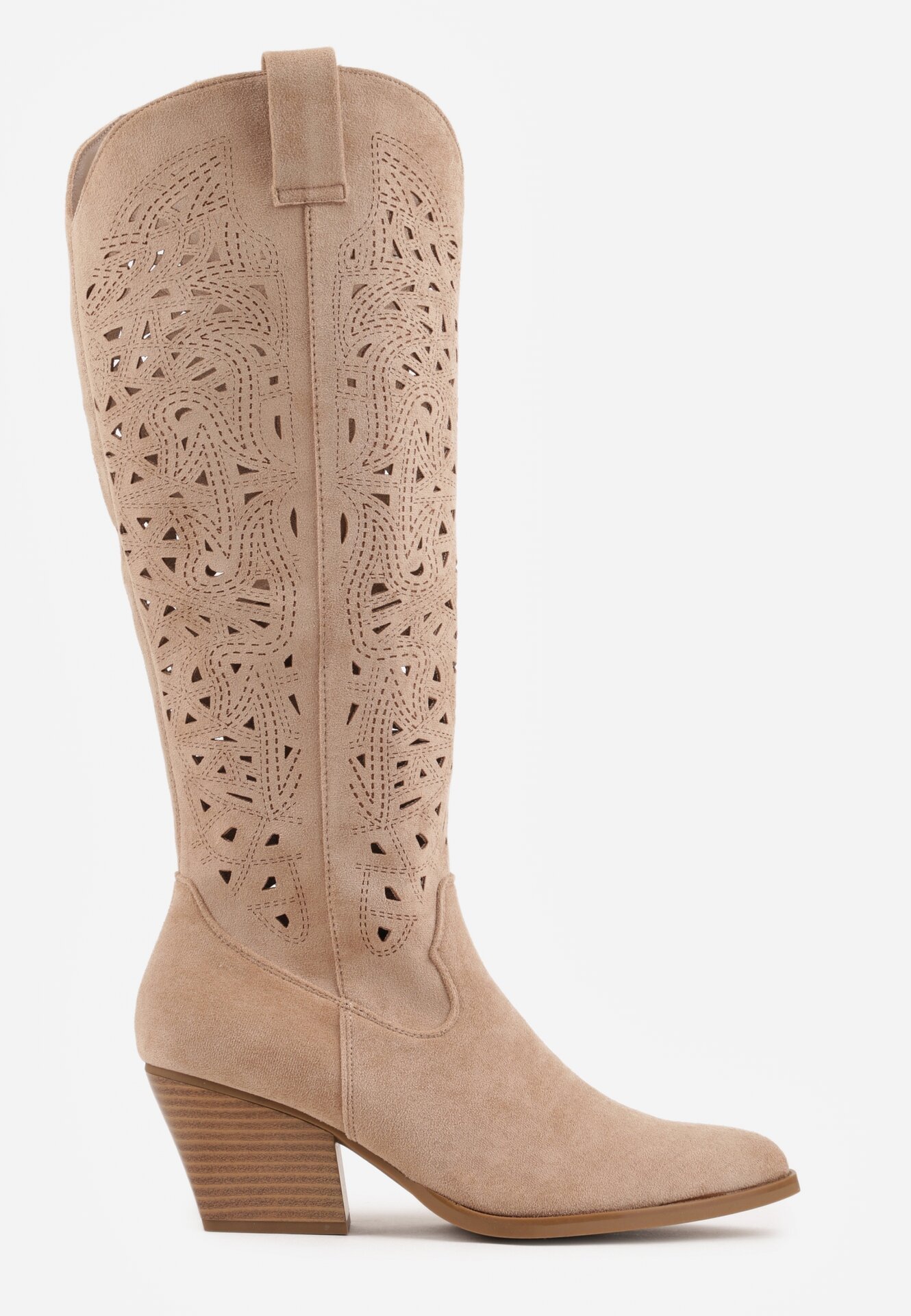 Beżowe Kozaki Kowbojki na Stożku z Ażurową Cholewką Uria