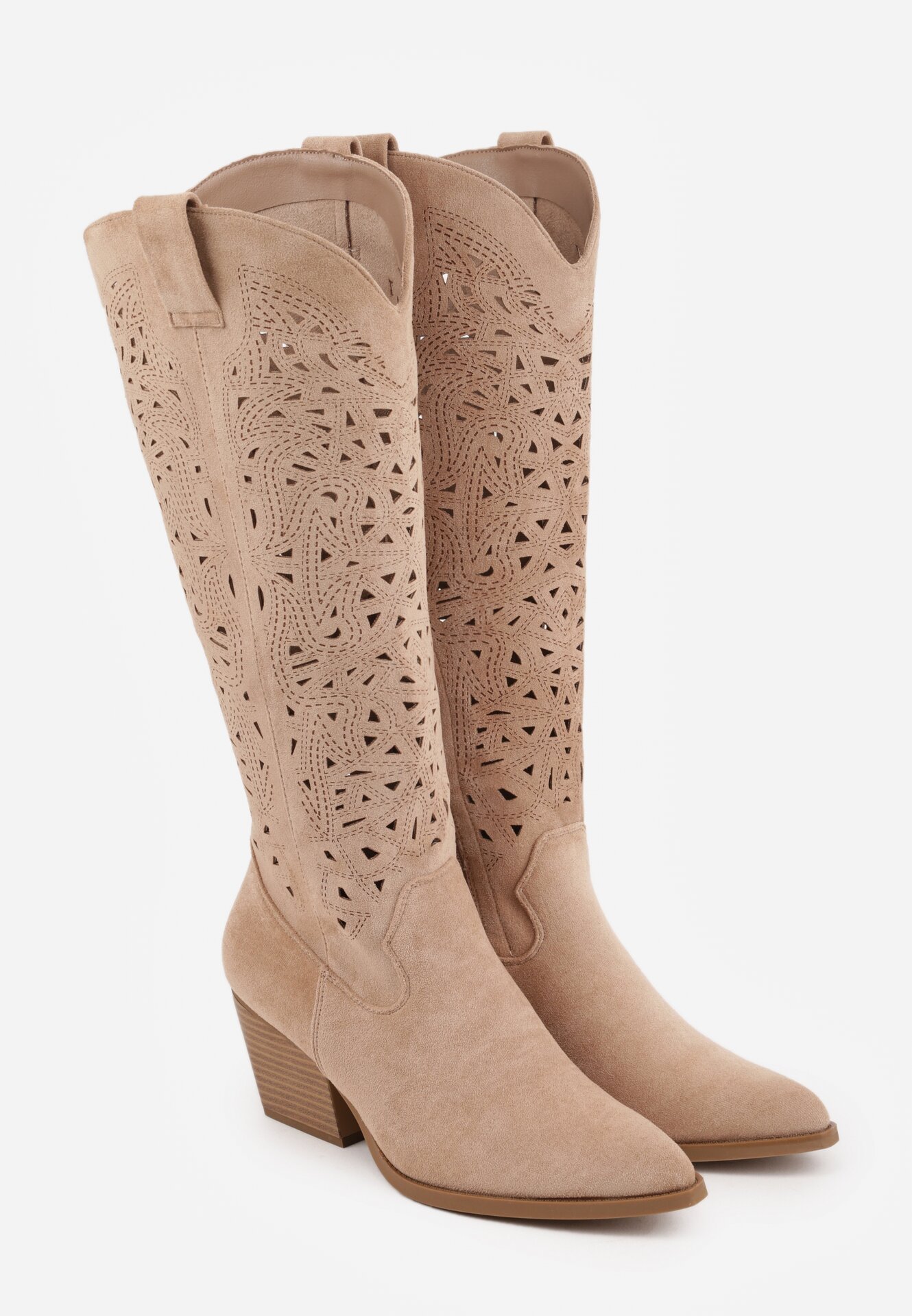 Beżowe Kozaki Kowbojki na Stożku z Ażurową Cholewką Uria