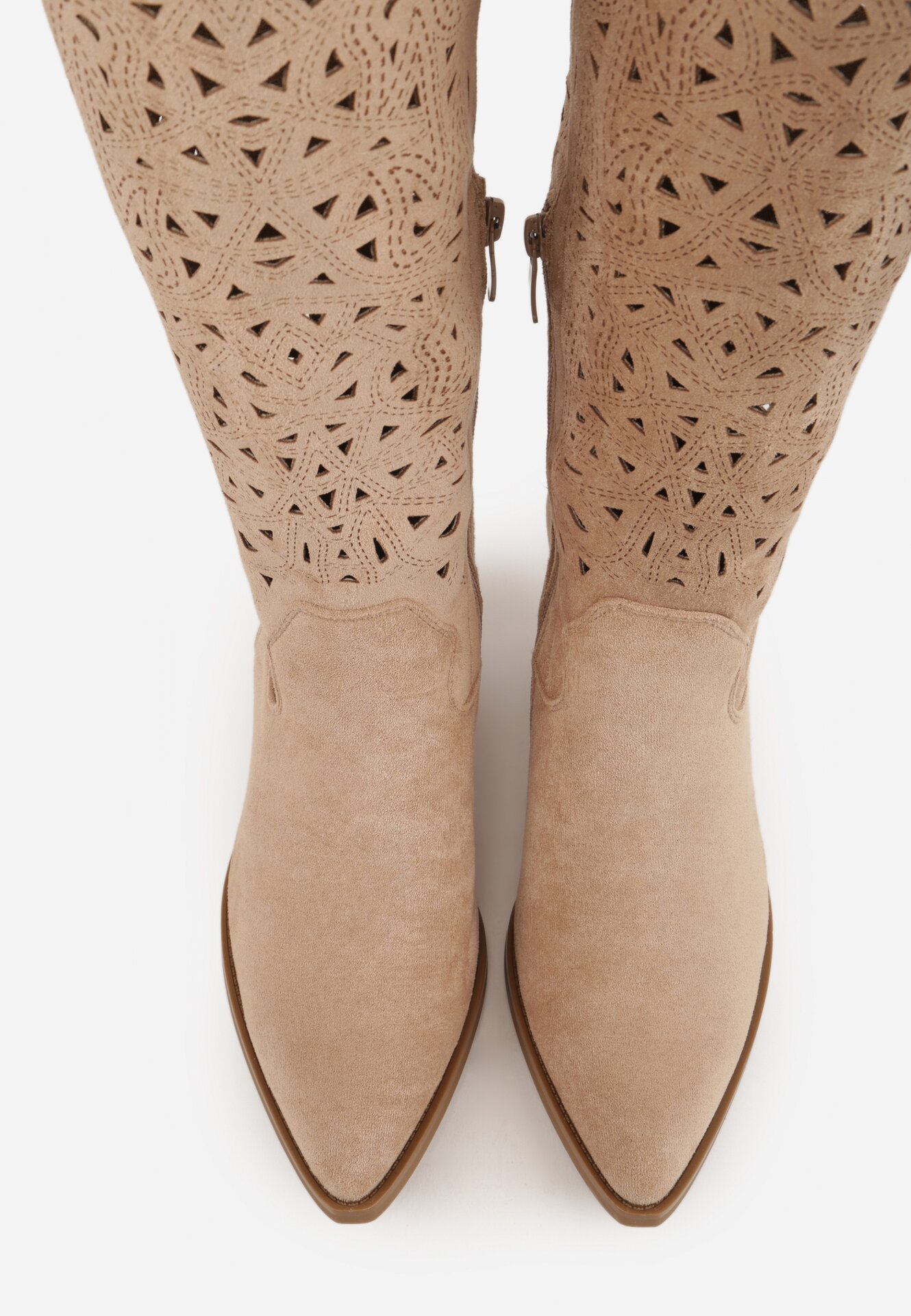 Beżowe Kozaki Kowbojki na Stożku z Ażurową Cholewką Uria