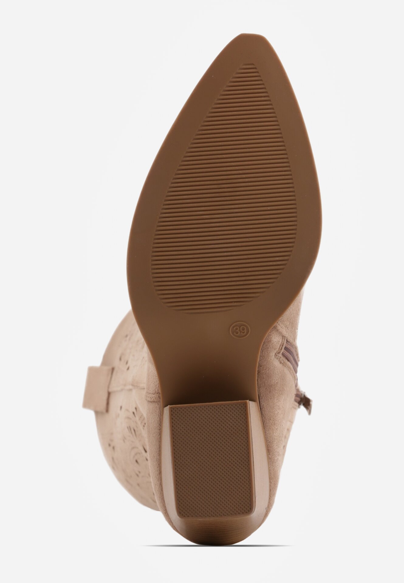 Ciemnobeżowe Kozaki Kowbojki na Stożku z Ażurową Cholewką Uria