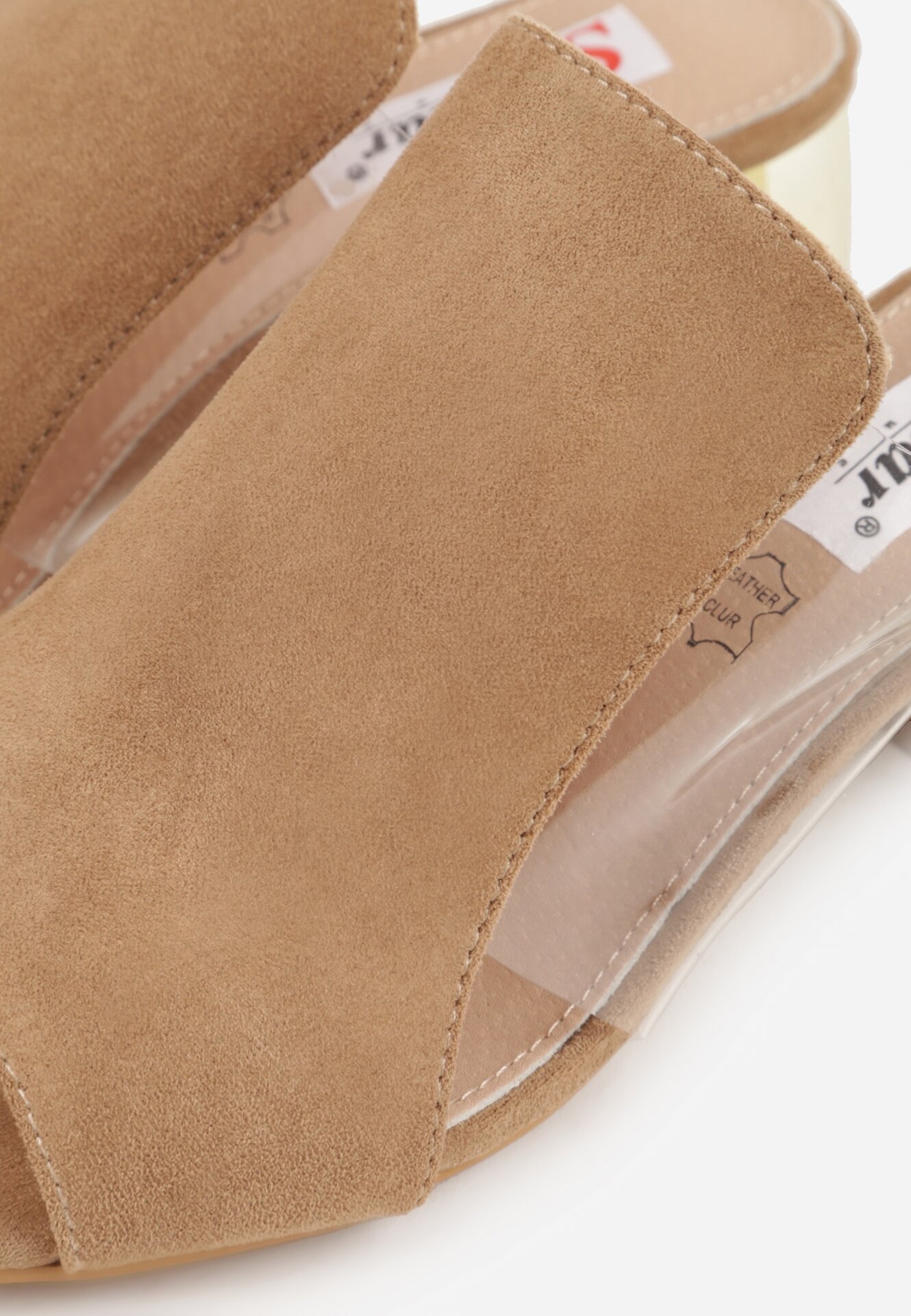 Ciemnobeżowe Klapki na Niskim Słupku ze Skórzaną Wkładką i Transparentnymi Wstawkami Neya