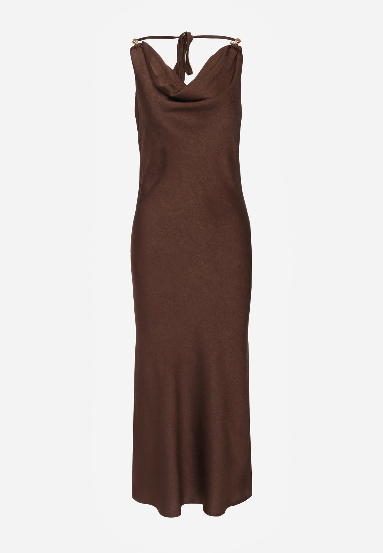 Brązowa Satynowa Sukienka na Ozdobnych Ramiączkach z Dekoltem Woda Avalentara