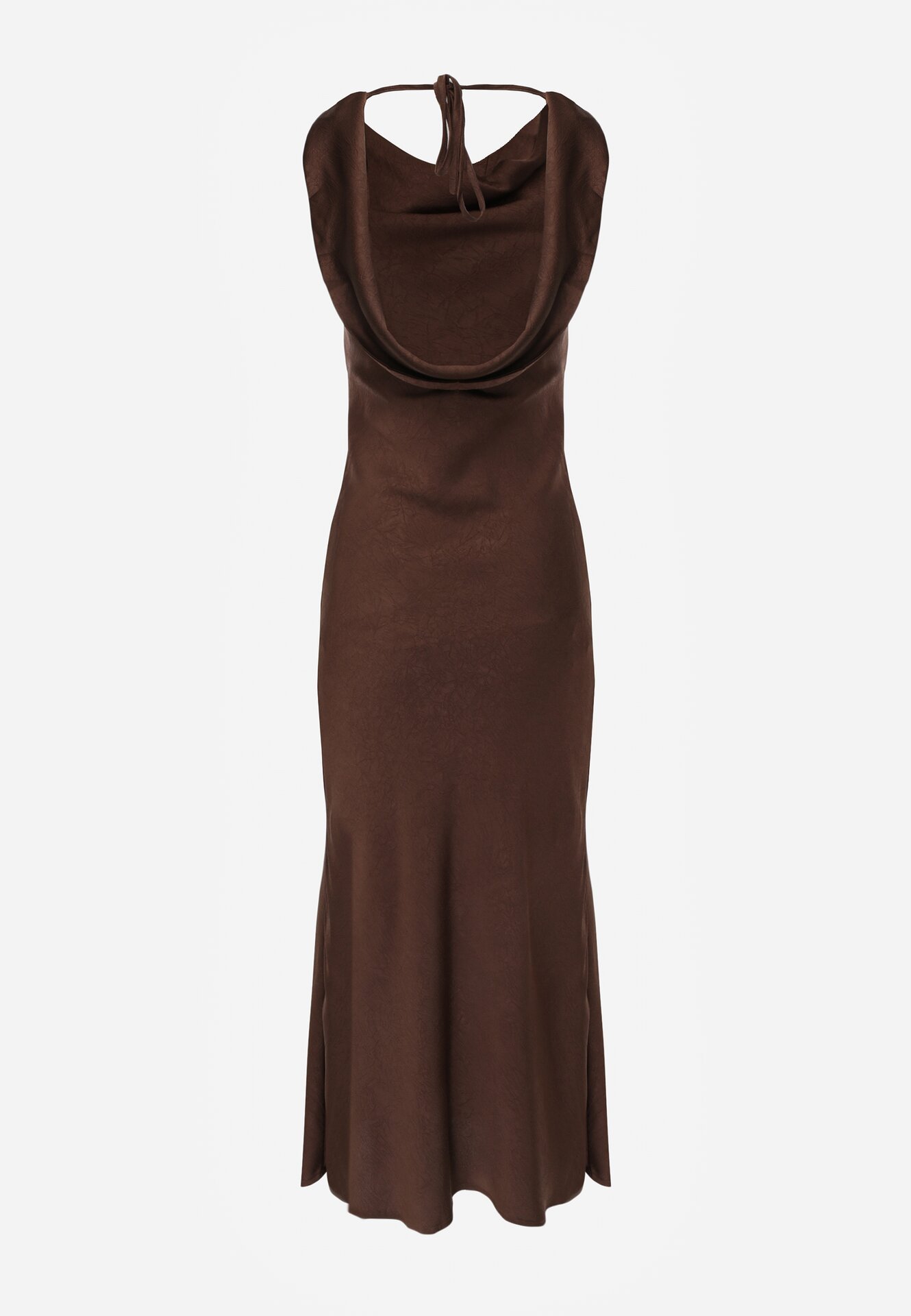Brązowa Satynowa Sukienka na Ozdobnych Ramiączkach z Dekoltem Woda Avalentara