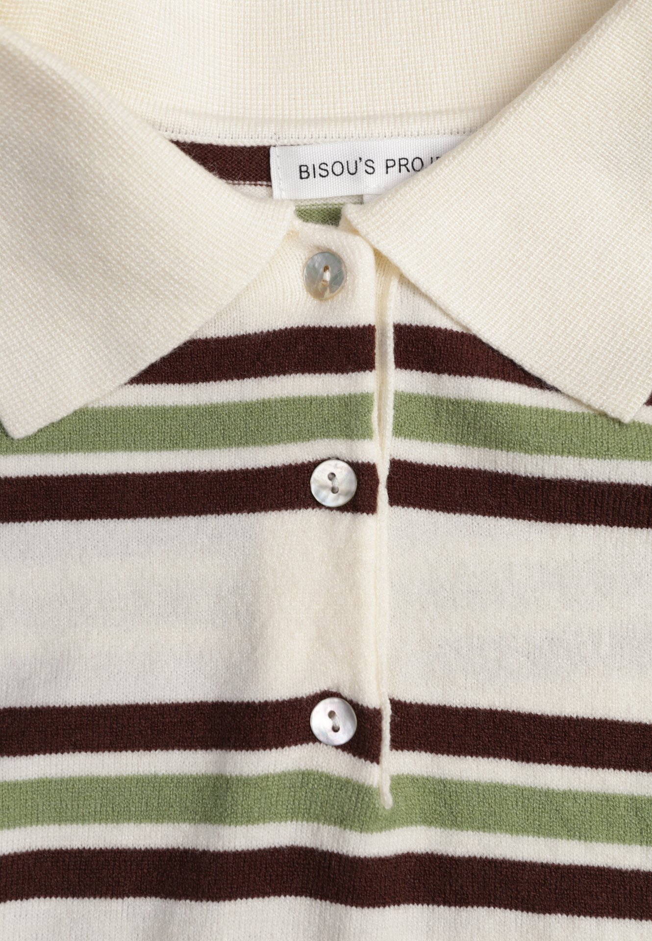 Zielono-Kremowy T-shirt Typu Polo z Wiskozą Ozdobiony Guzikami i Paskami Esefia