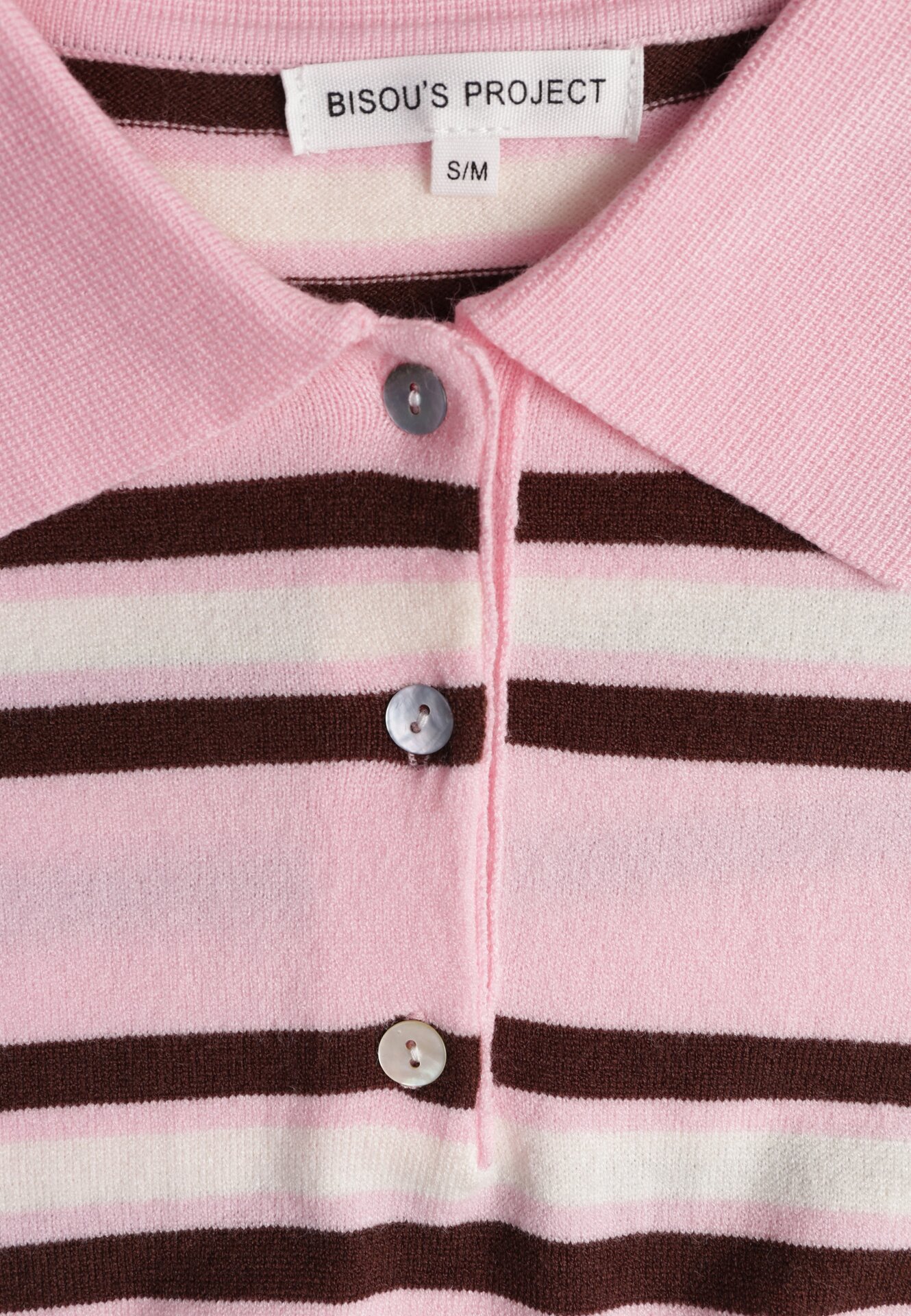 Różowy T-shirt Typu Polo z Wiskozą Ozdobiony Guzikami i Paskami Esefia