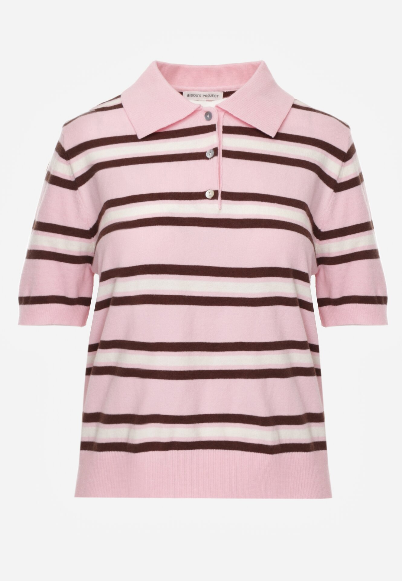 Różowy T-shirt Typu Polo z Wiskozą Ozdobiony Guzikami i Paskami Esefia