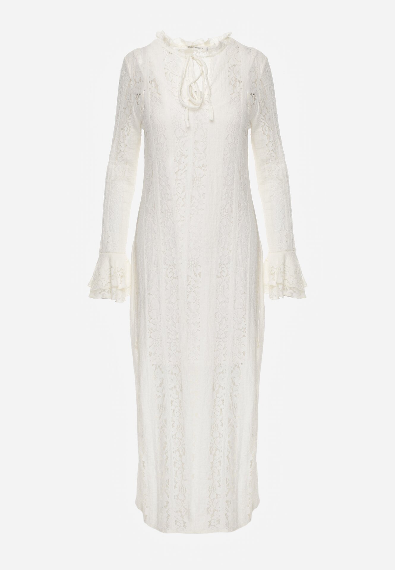 Beżowa Koronkowa Sukienka o Taliowanym Kroju z Wiązaniem przy Dekolcie Nevellirae